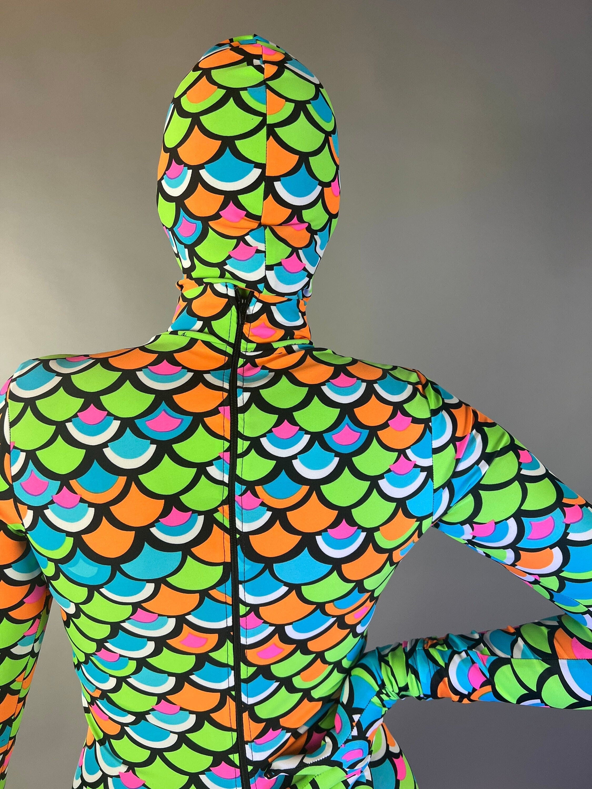 Neon Mermaid Alien Costume, Full Body Catsuit, Includes Headpiece