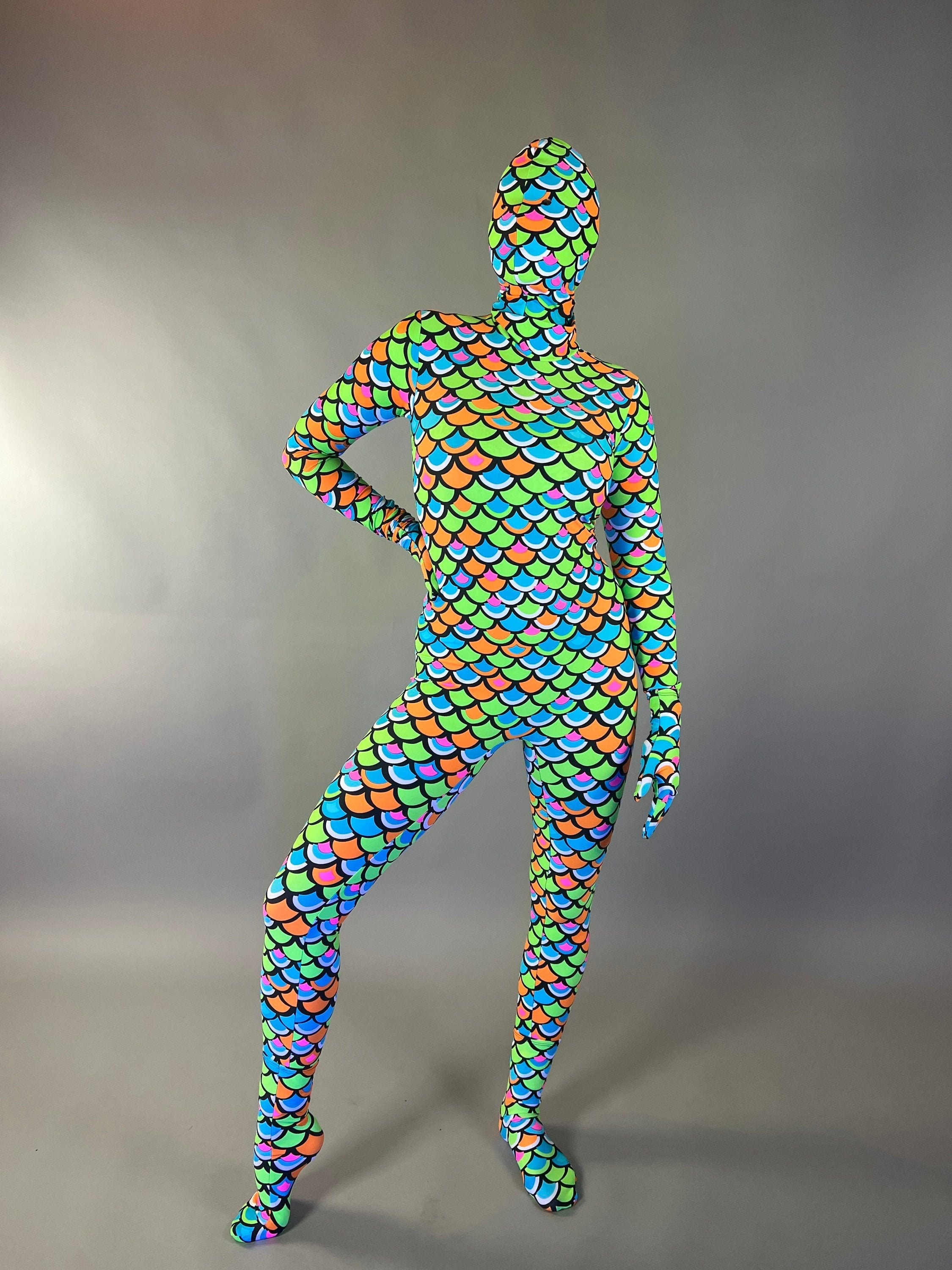 Neon Mermaid Alien Costume, Full Body Catsuit, Includes Headpiece