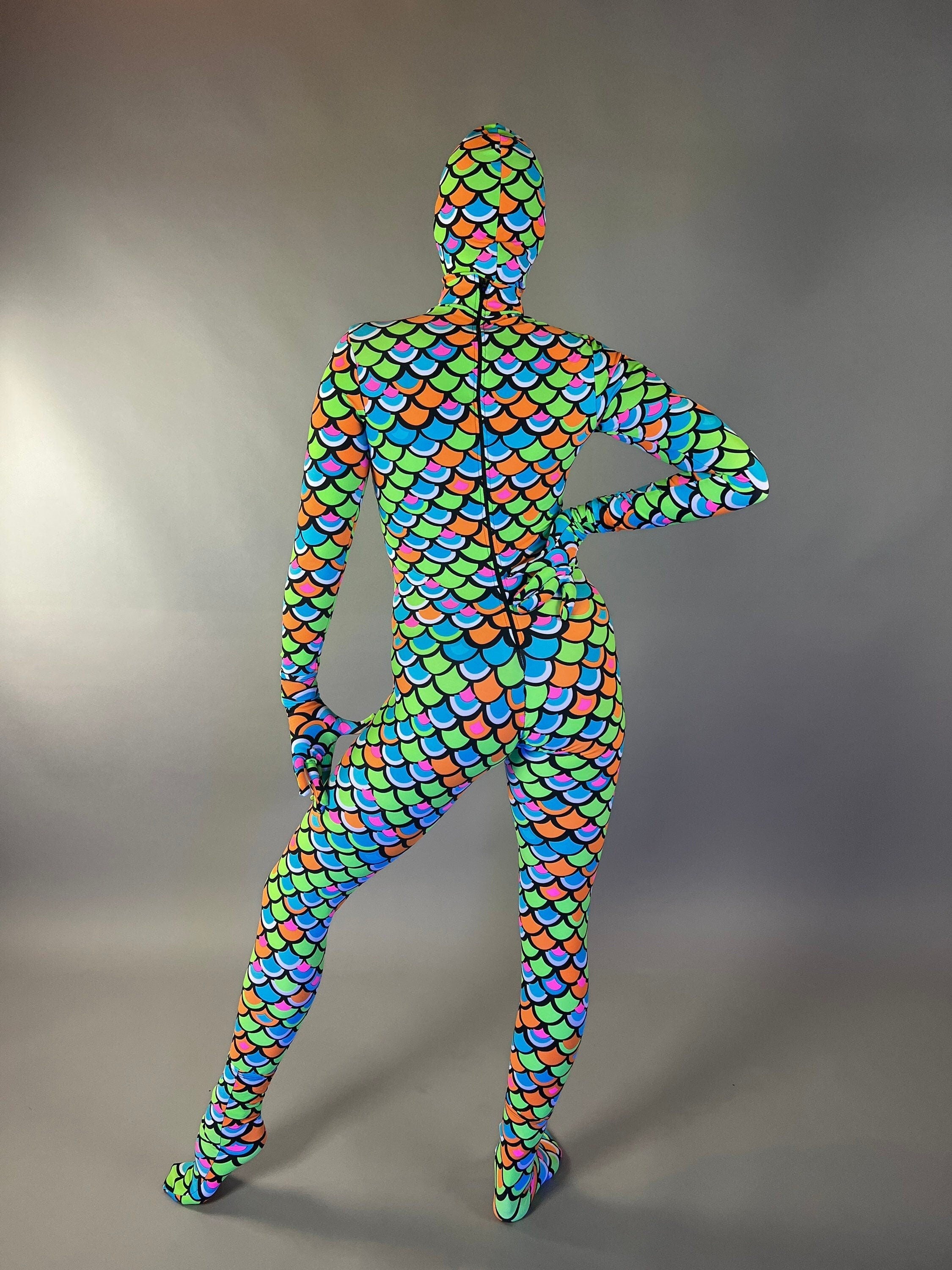 Neon Mermaid Alien Costume, Full Body Catsuit, Includes Headpiece