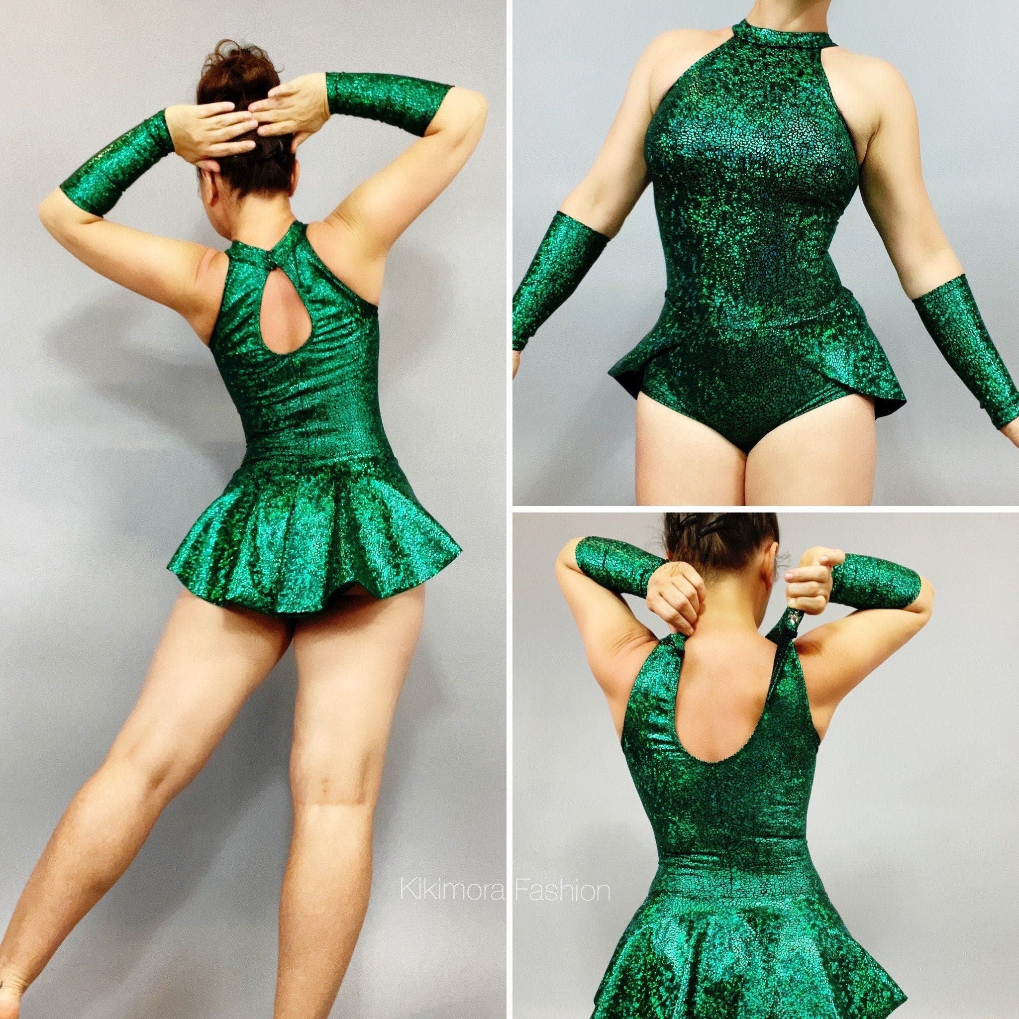 Emerald Green Leotard with Half Skirt, Halterneck, Sleeveless, Includes Hand Accessories