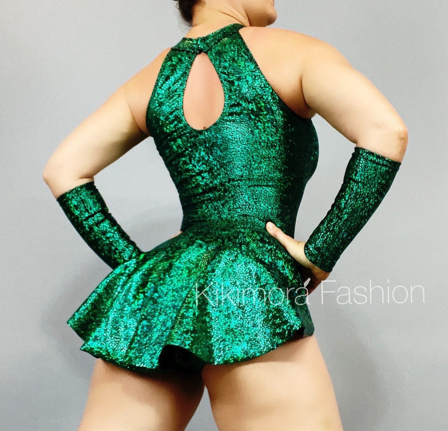 Emerald Green Leotard with Half Skirt, Halterneck, Sleeveless, Includes Hand Accessories