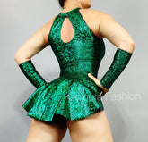 Emerald Green Leotard with Half Skirt, Halterneck, Sleeveless, Includes Hand Accessories
