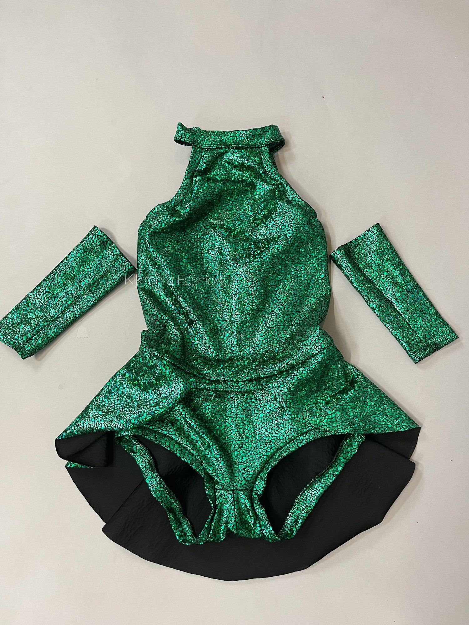 Emerald Green Leotard with Half Skirt, Halterneck, Sleeveless, Includes Hand Accessories