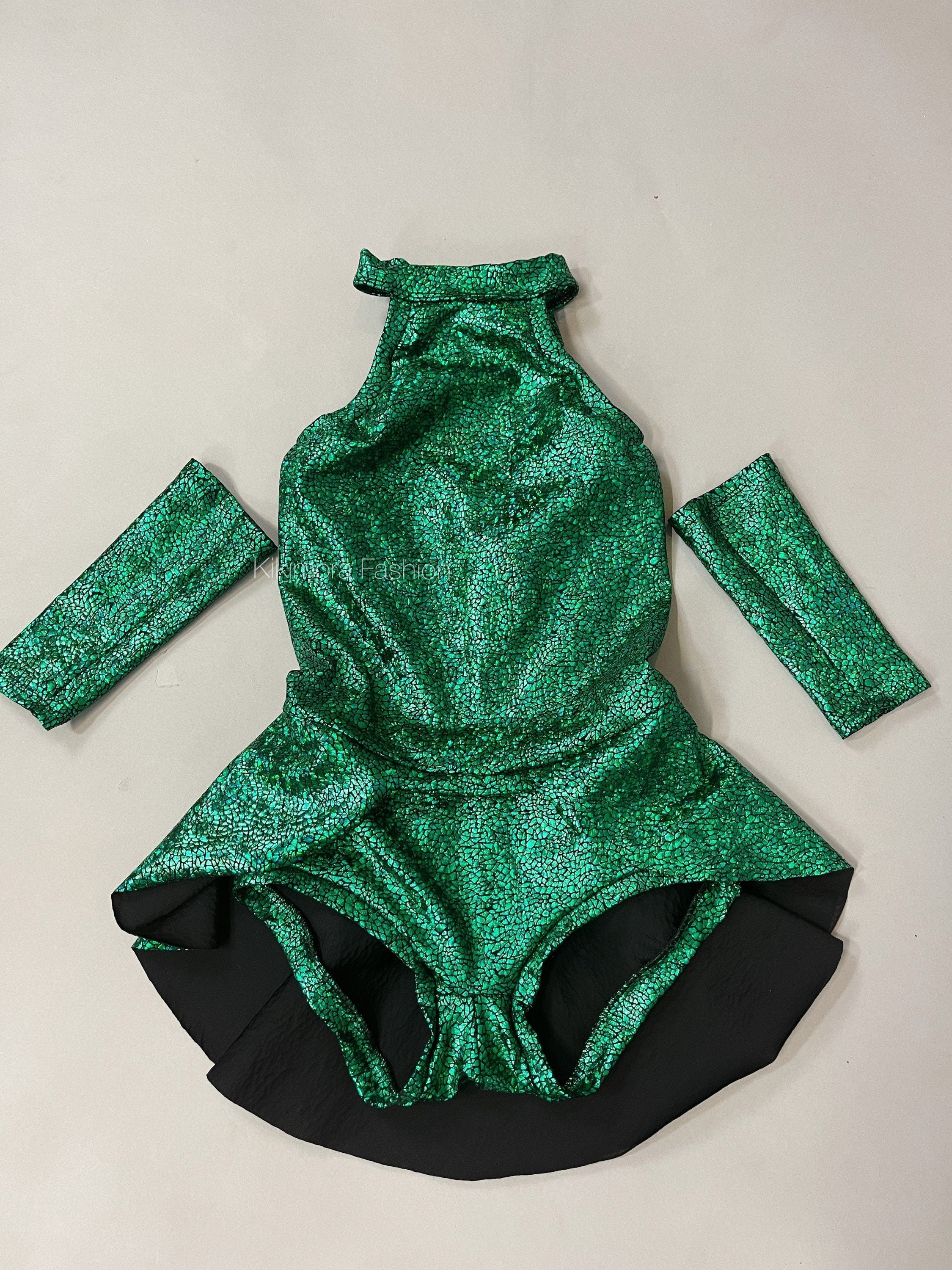 Emerald Green Leotard with Half Skirt, Halterneck, Sleeveless, Includes Hand Accessories