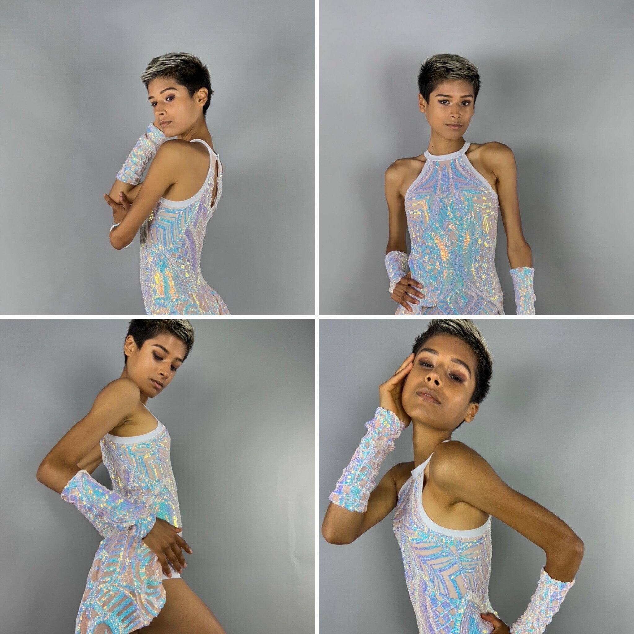 Iridescent White Sequin Leotard, Halterneck, Half Skirt, Handcuffs