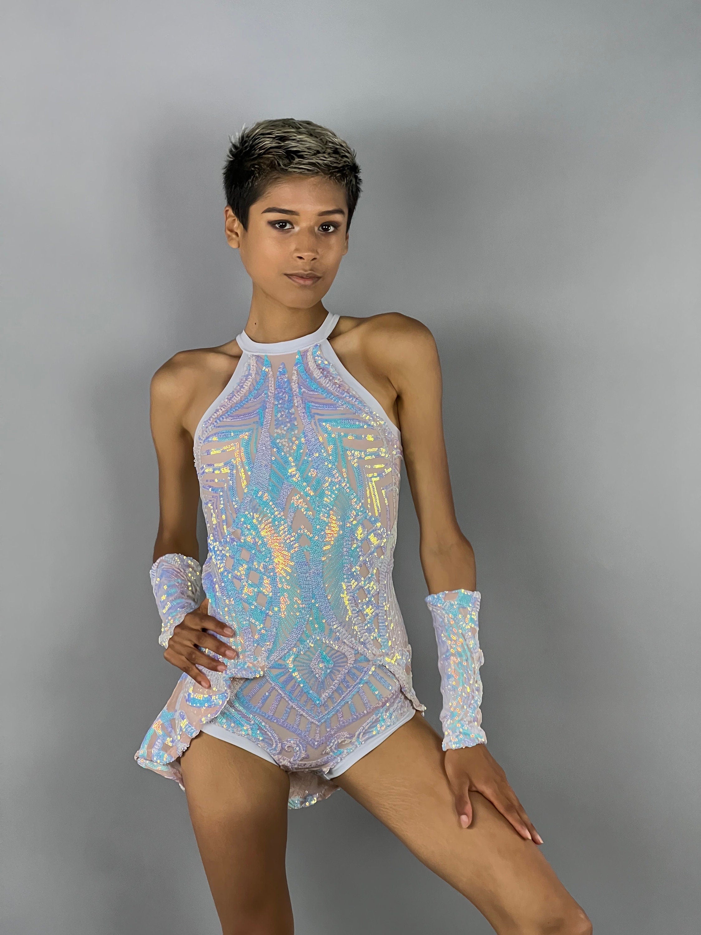 Iridescent White Sequin Leotard, Halterneck, Half Skirt, Handcuffs