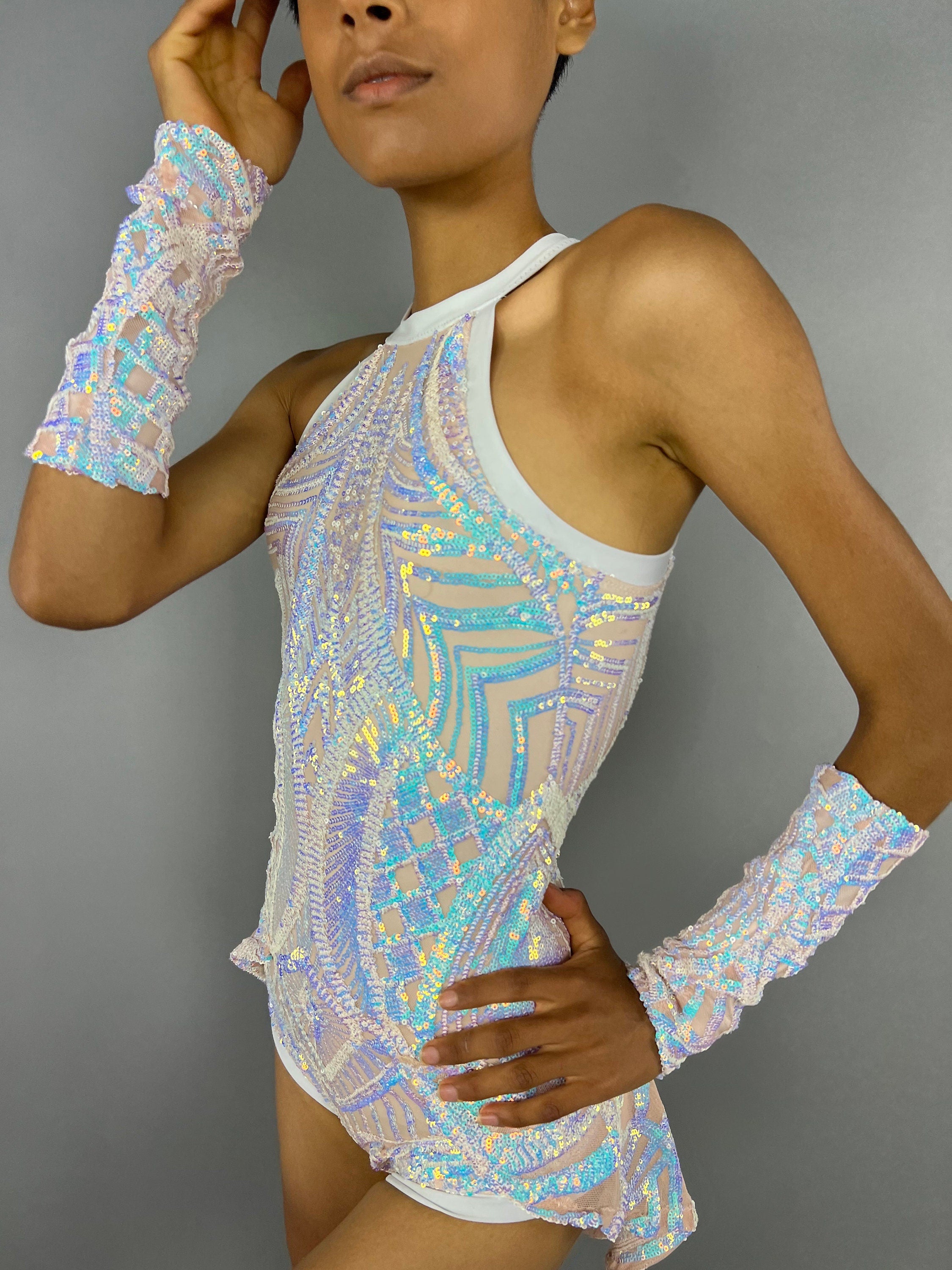 Iridescent White Sequin Leotard, Halterneck, Half Skirt, Handcuffs