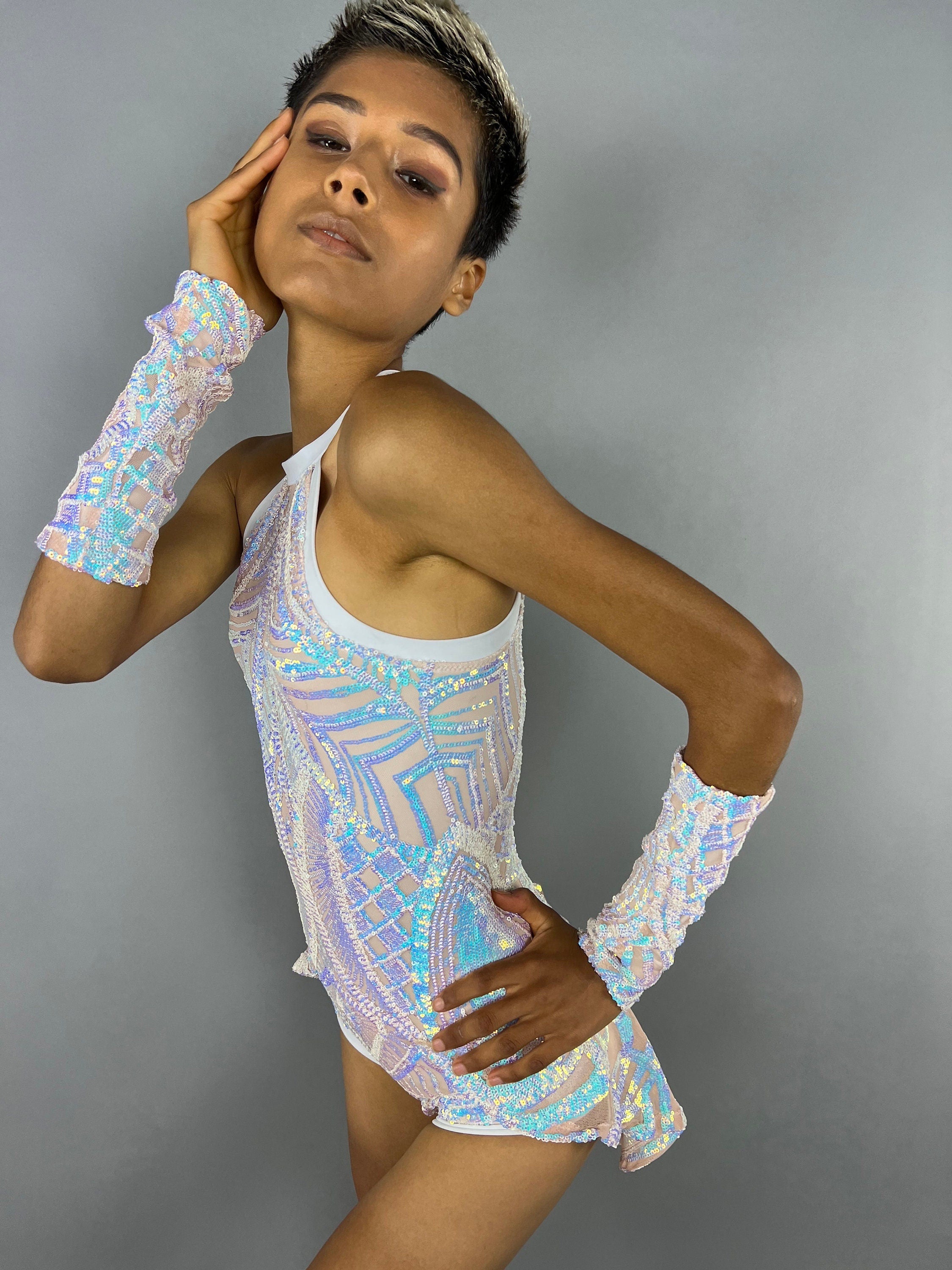 Iridescent White Sequin Leotard, Halterneck, Half Skirt, Handcuffs