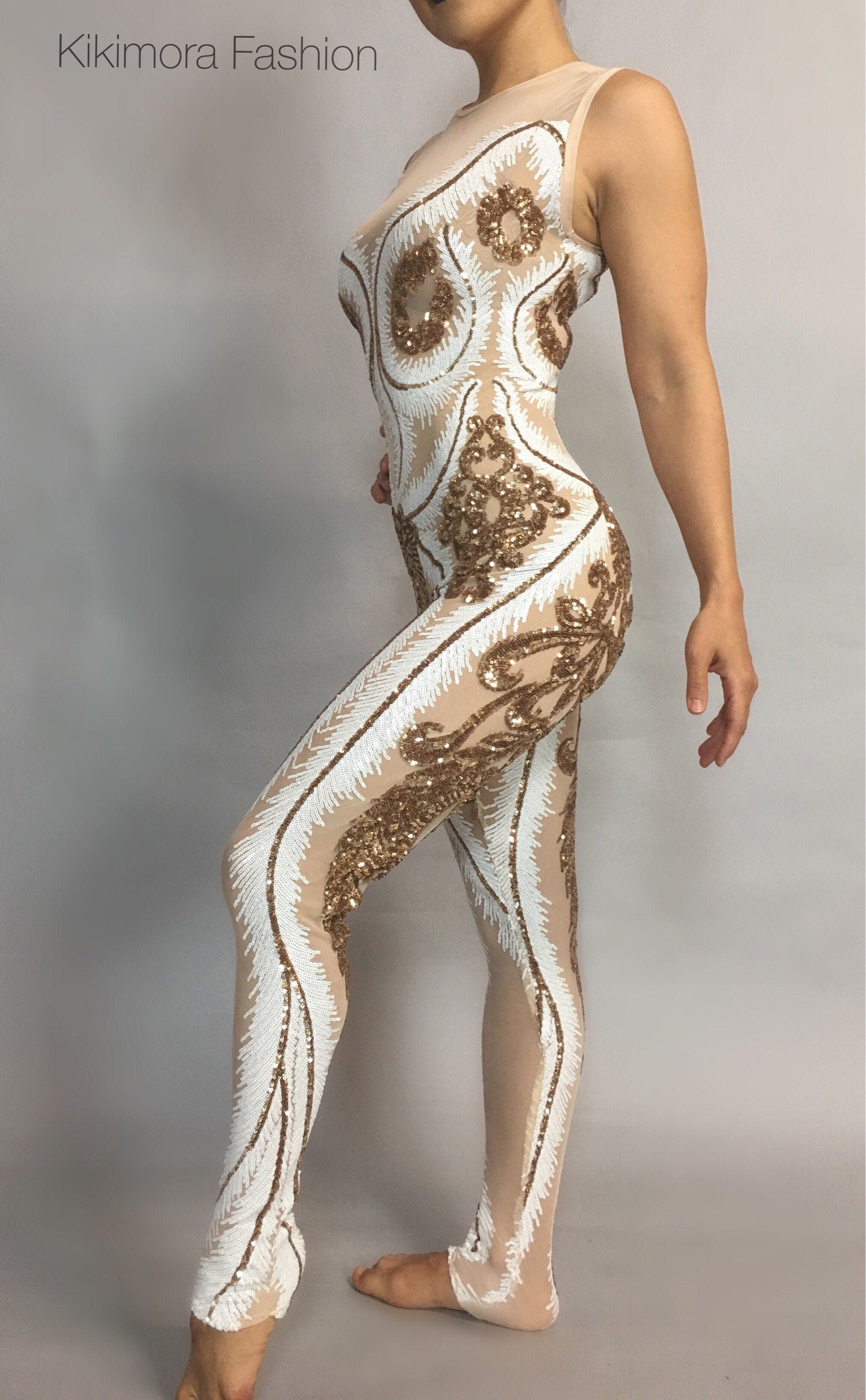 White and Gold Sequin Catsuit, Round Neck, Sleeveless