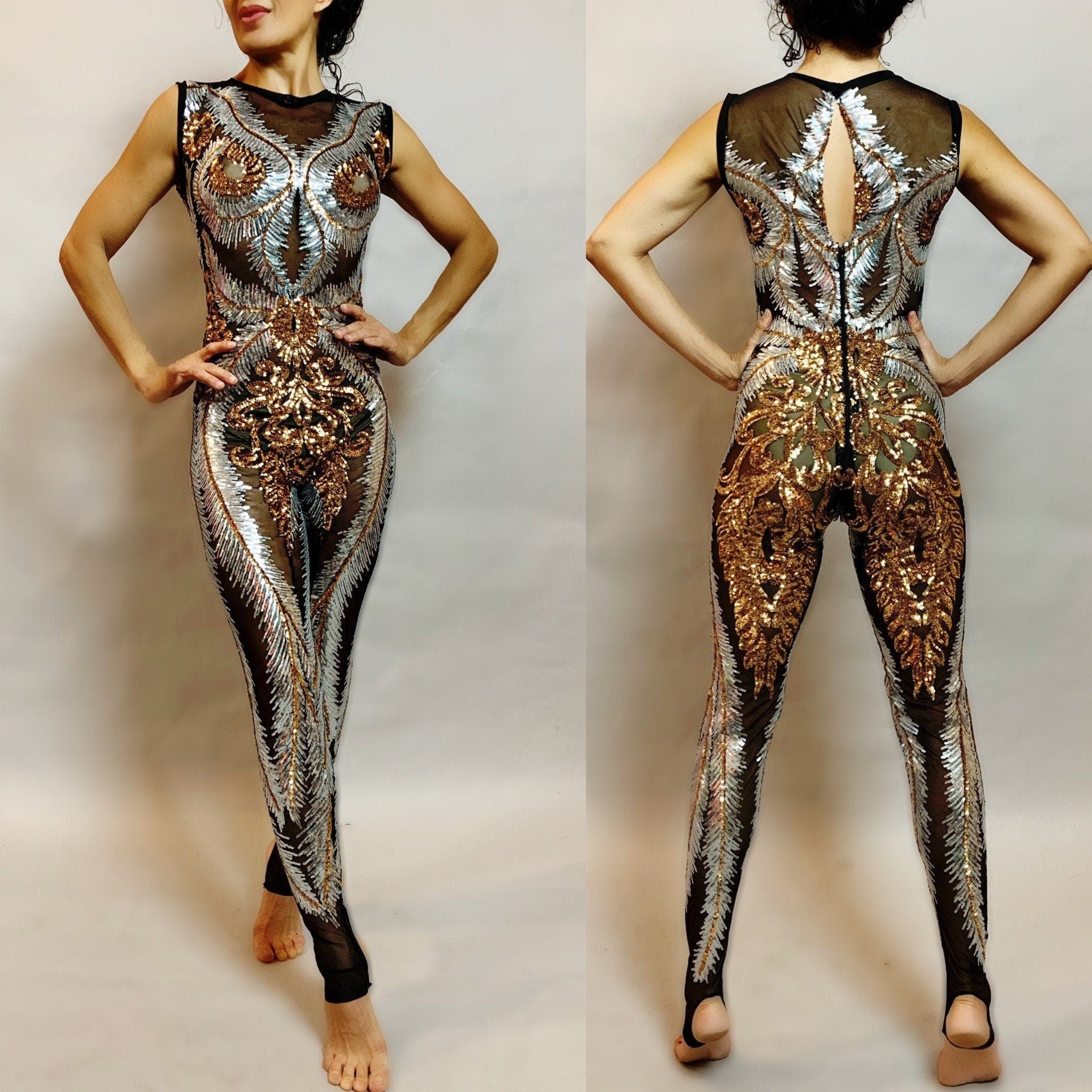 White and Gold Sequin Catsuit, Round Neck, Sleeveless