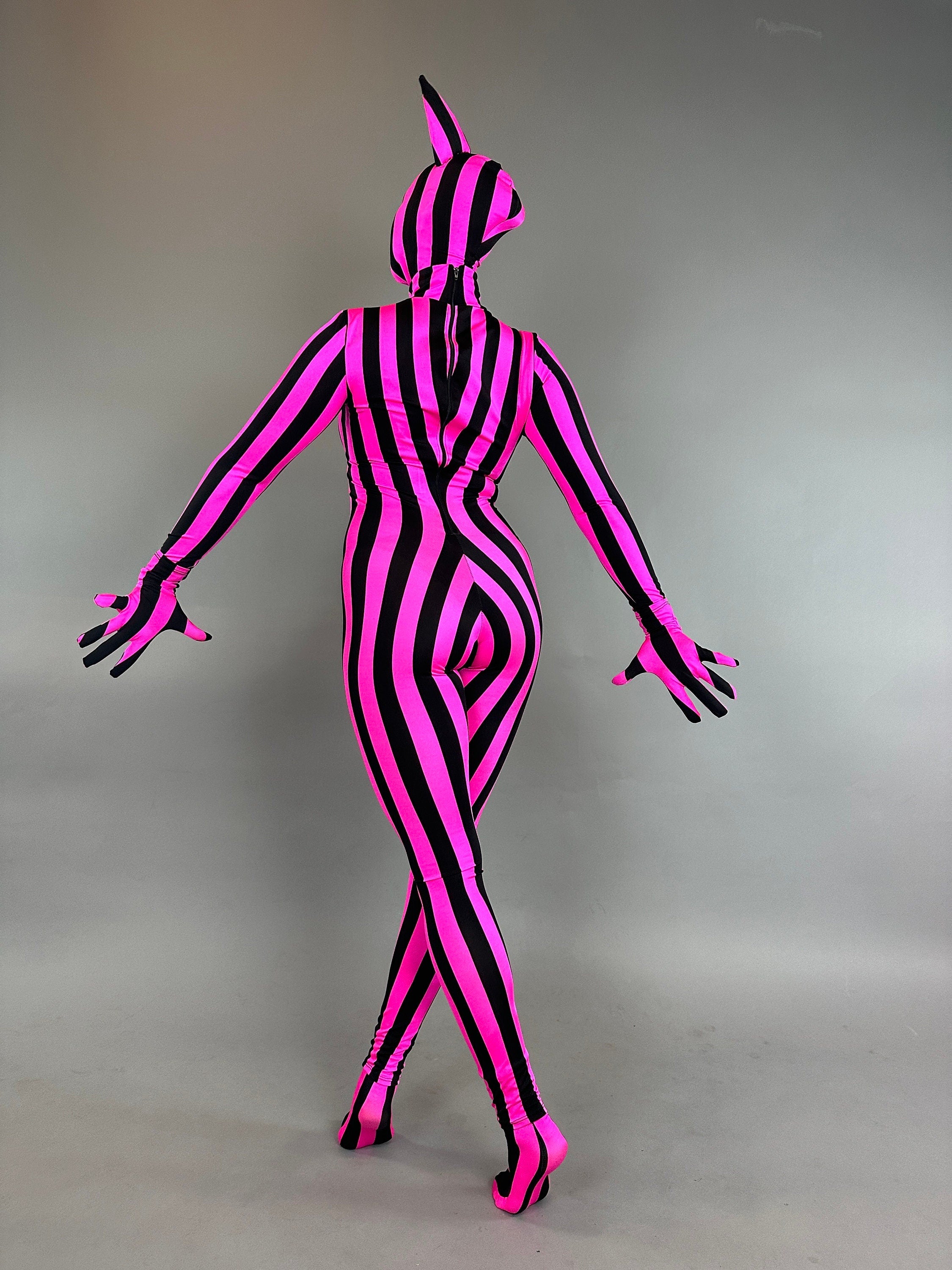 Pink And Black Stripe Full Body Cat Costume, Turtleneck, Full Sleeves Catsuit, Includes Headpiece
