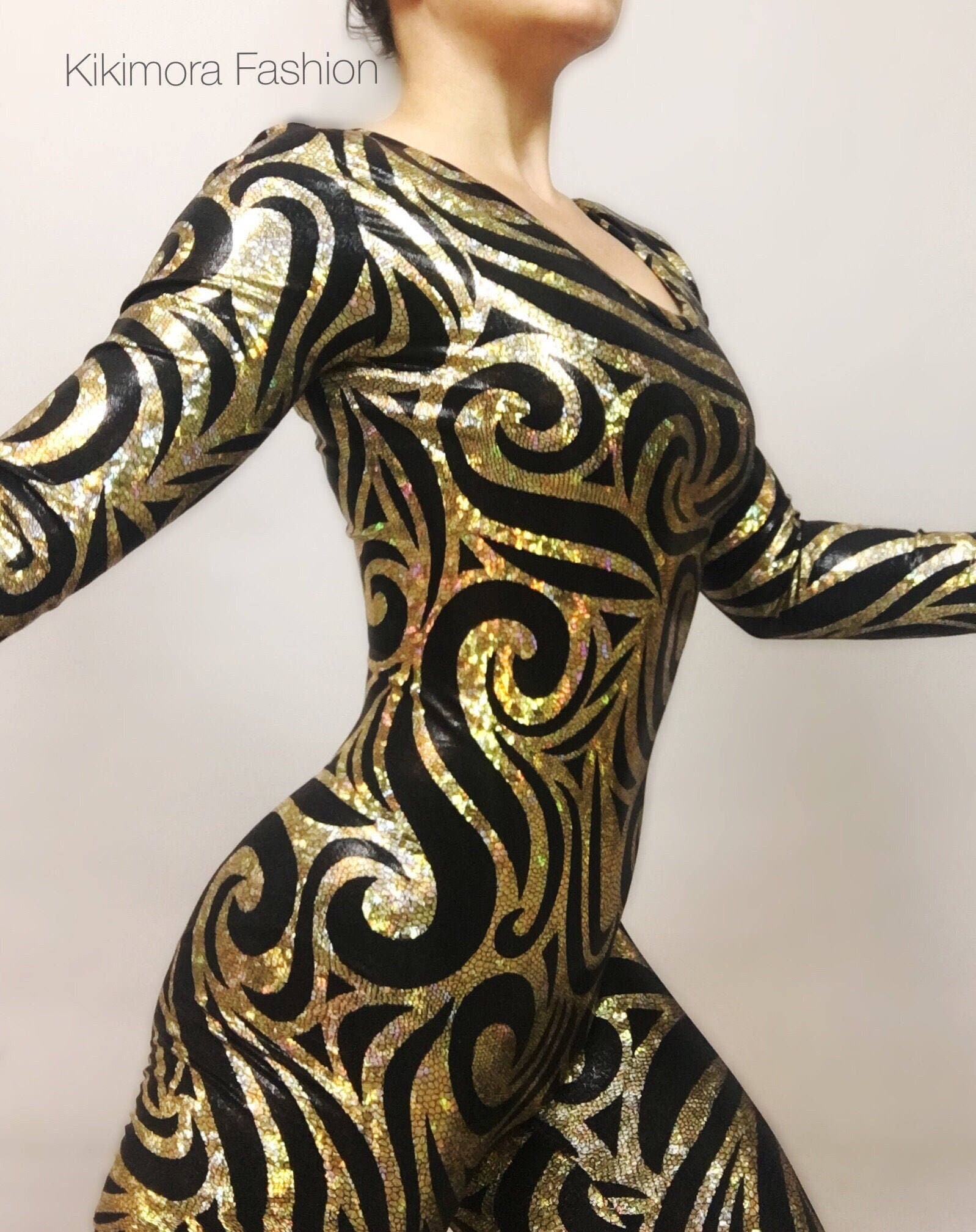 The Night Circus Black and Gold Catsuit, Full Sleeves Bodysuit, Scoop Neck