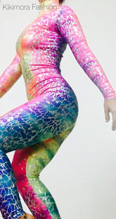 Multicolor Snake Print Catsuit Bodysuit, Full Sleeves, Turtleneck, Heel Straps