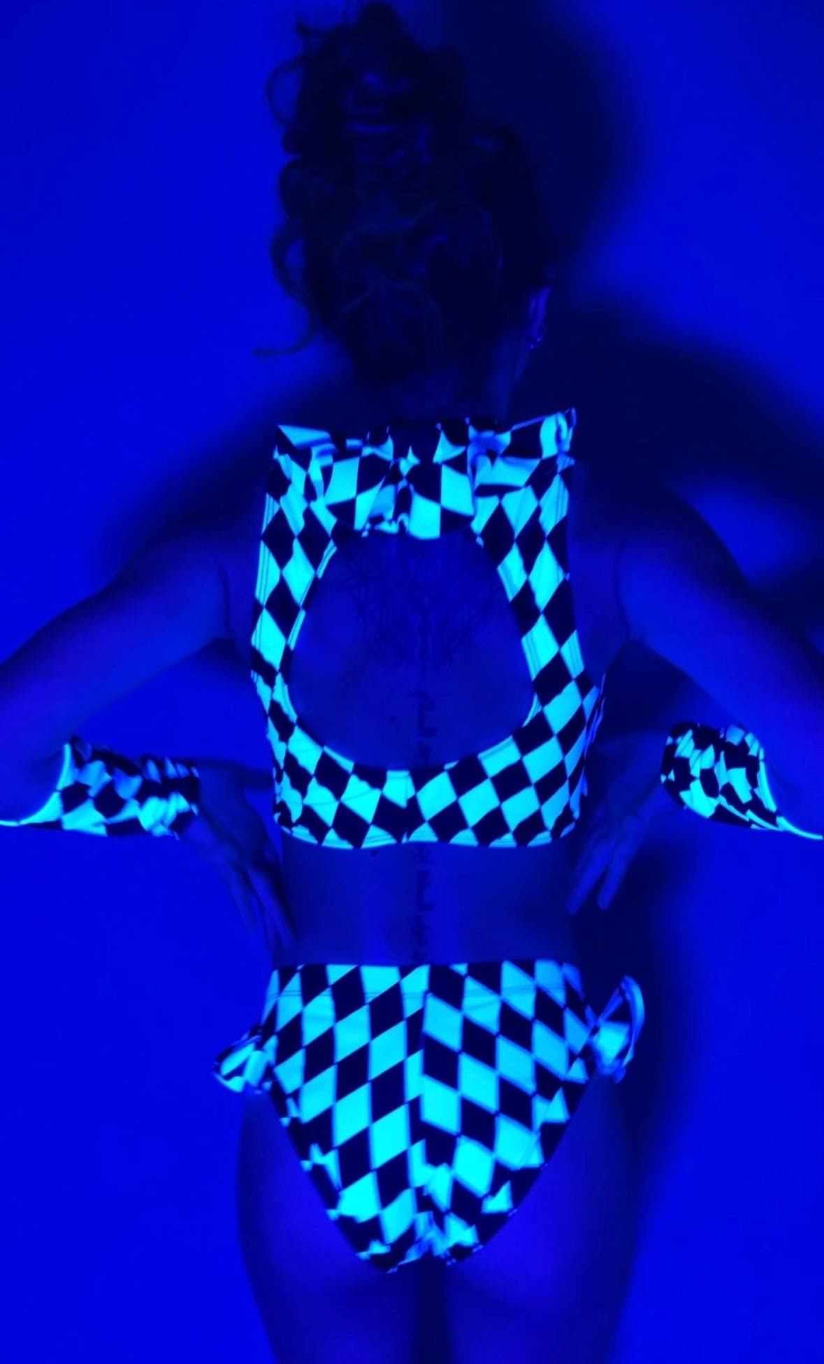 Black and White Diamond Crop Top and Bottom Set, Open Back Design, Includes Handcuffs