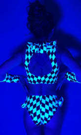 Black and White Diamond Crop Top and Bottom Set, Open Back Design, Includes Handcuffs