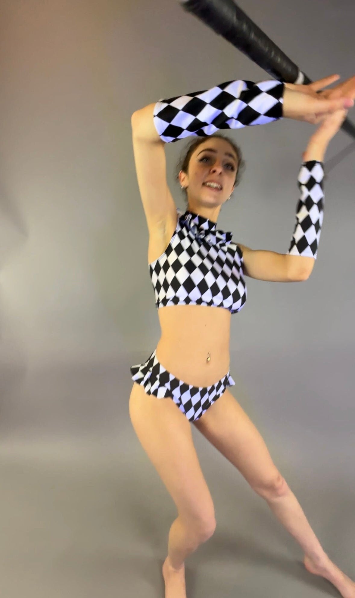 Black and White Diamond Crop Top and Bottom Set, Open Back Design, Includes Handcuffs