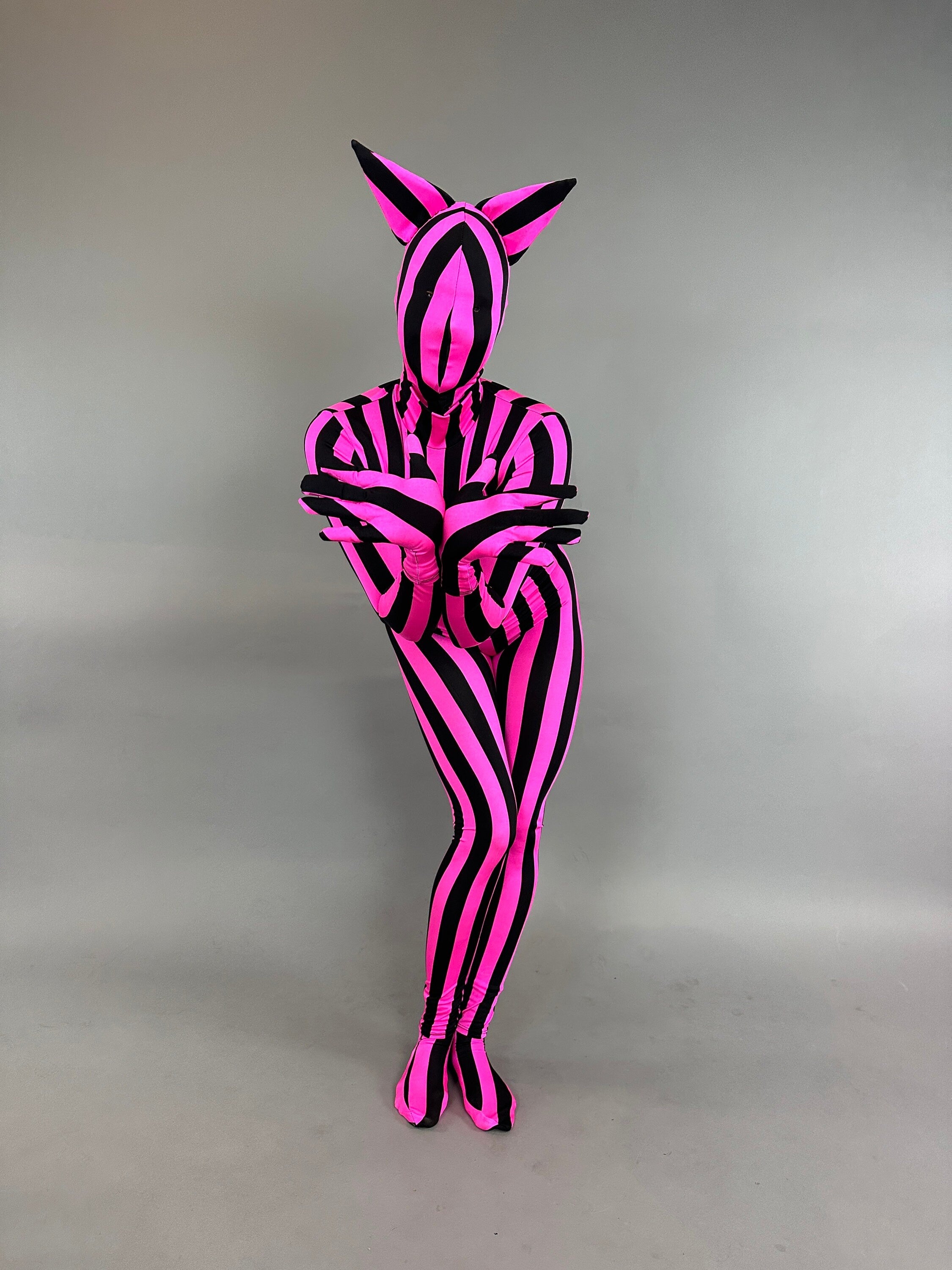 Pink And Black Stripe Full Body Cat Costume, Turtleneck, Full Sleeves Catsuit, Includes Headpiece