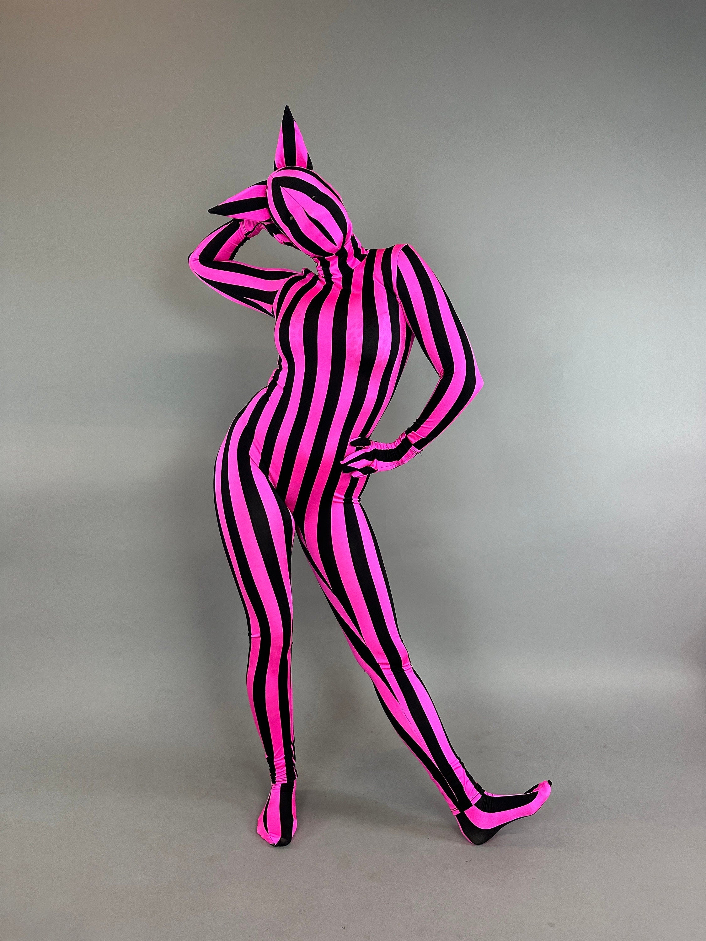 Pink And Black Stripe Full Body Cat Costume, Turtleneck, Full Sleeves Catsuit, Includes Headpiece