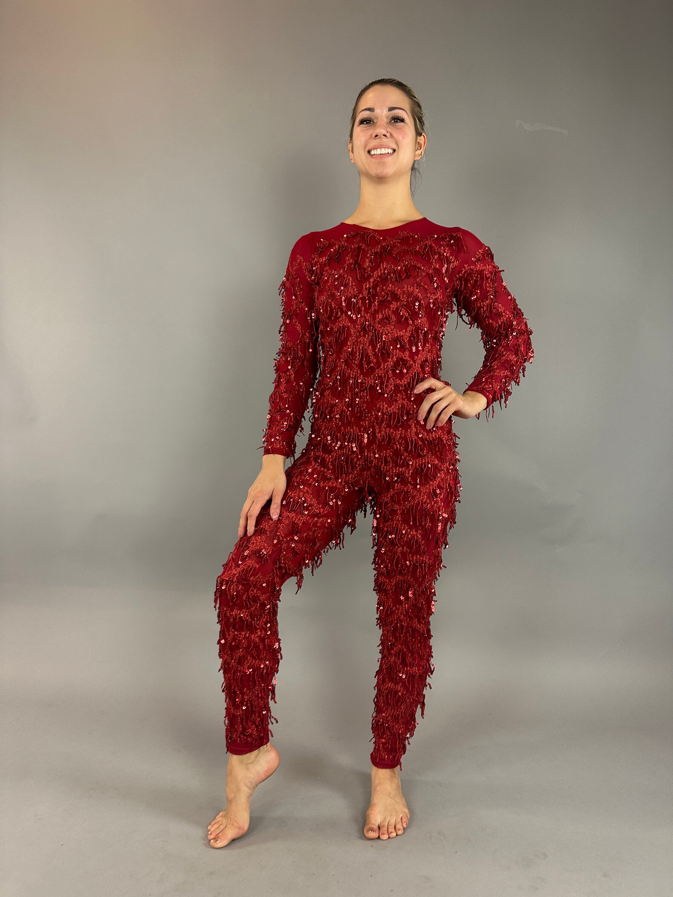 Red Cherry Jumpsuit, Scoop Neck. Full Sleeves