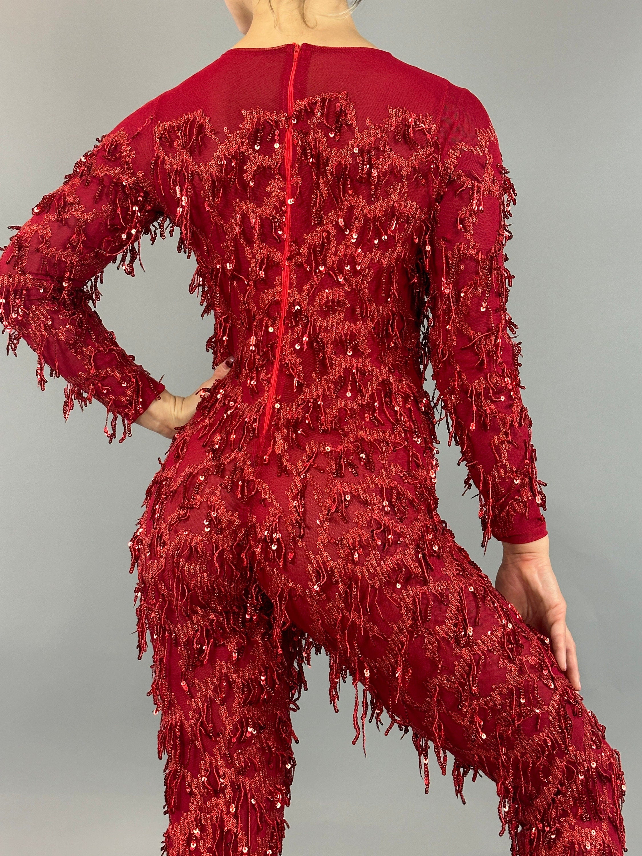 Red Cherry Jumpsuit, Scoop Neck. Full Sleeves