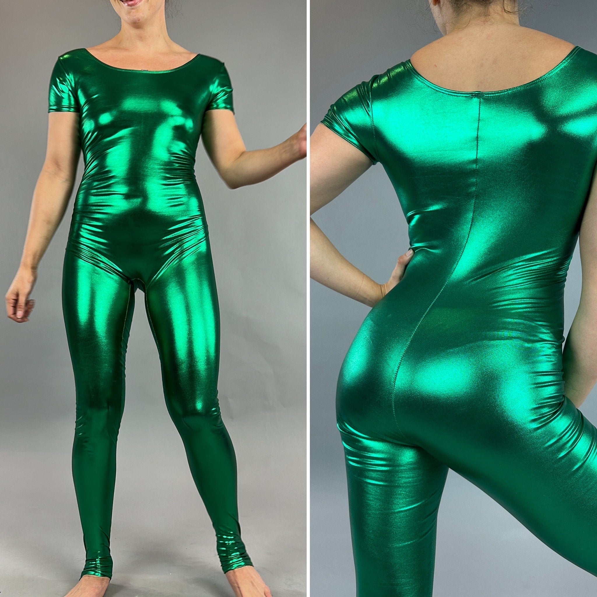 Shiny Spandex Catsuit, Cap Sleeves, Oval Neck