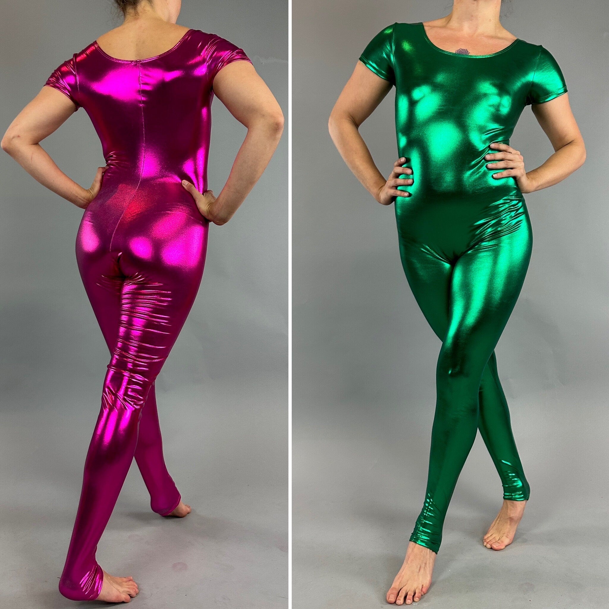 Shiny Spandex Catsuit, Cap Sleeves, Oval Neck