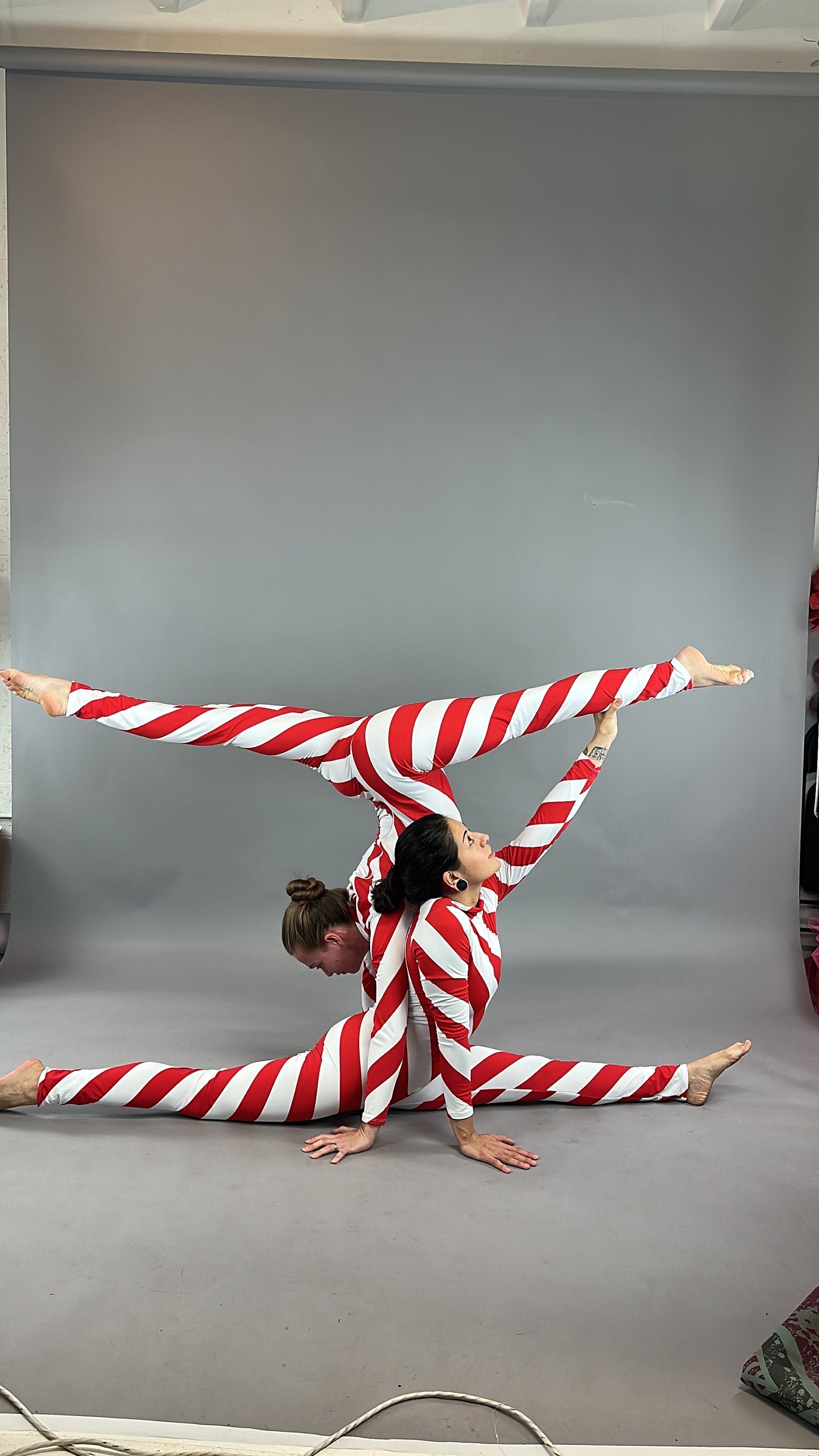 Red and White Stripes Catsuit, Full Sleeves, Turtleneck
