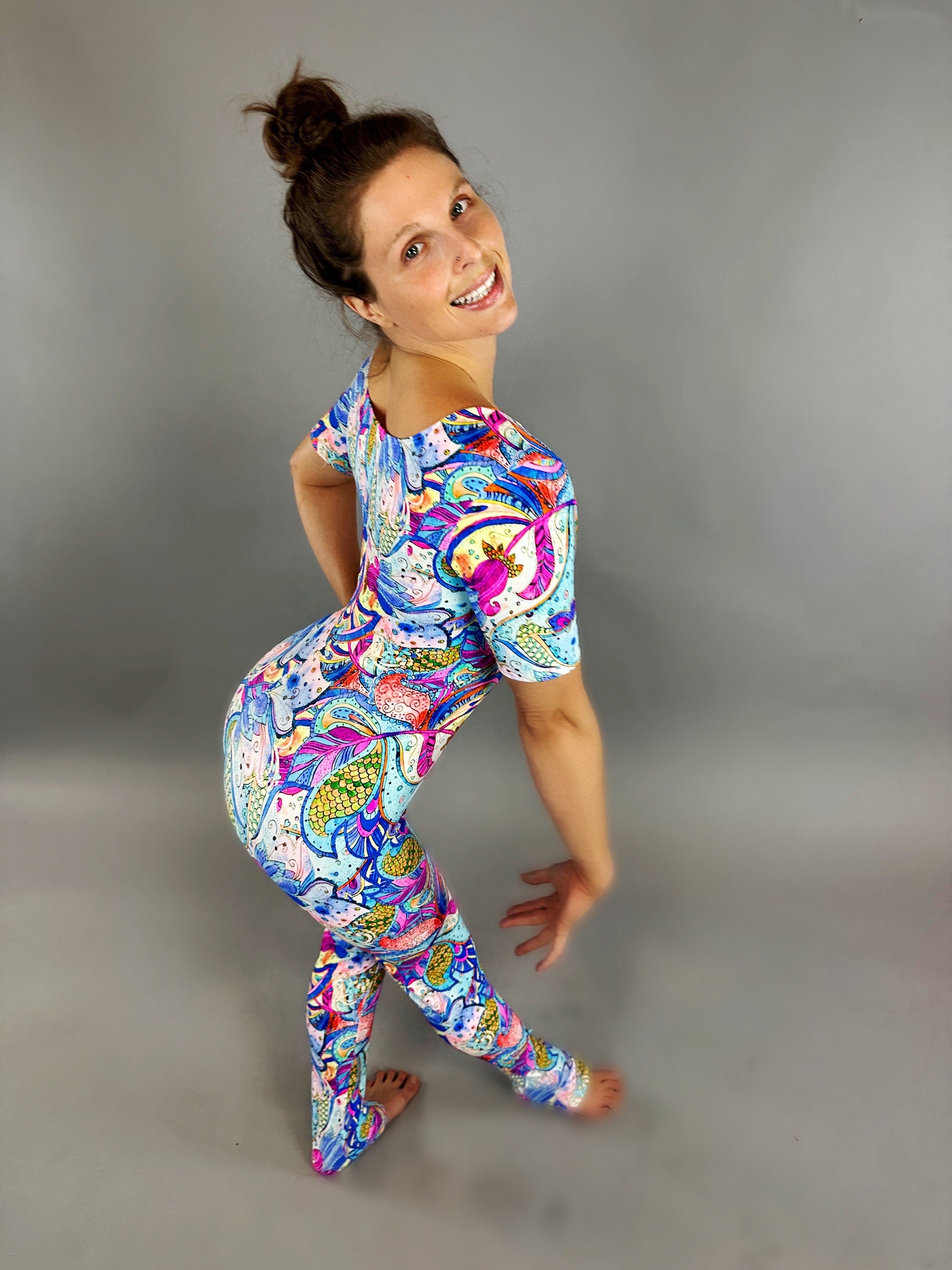 Fluorescent Flower Print Jumpsuit, Exotic Dance Wear, Trending Now, Aerialist Gift, Gymnastic Unitard