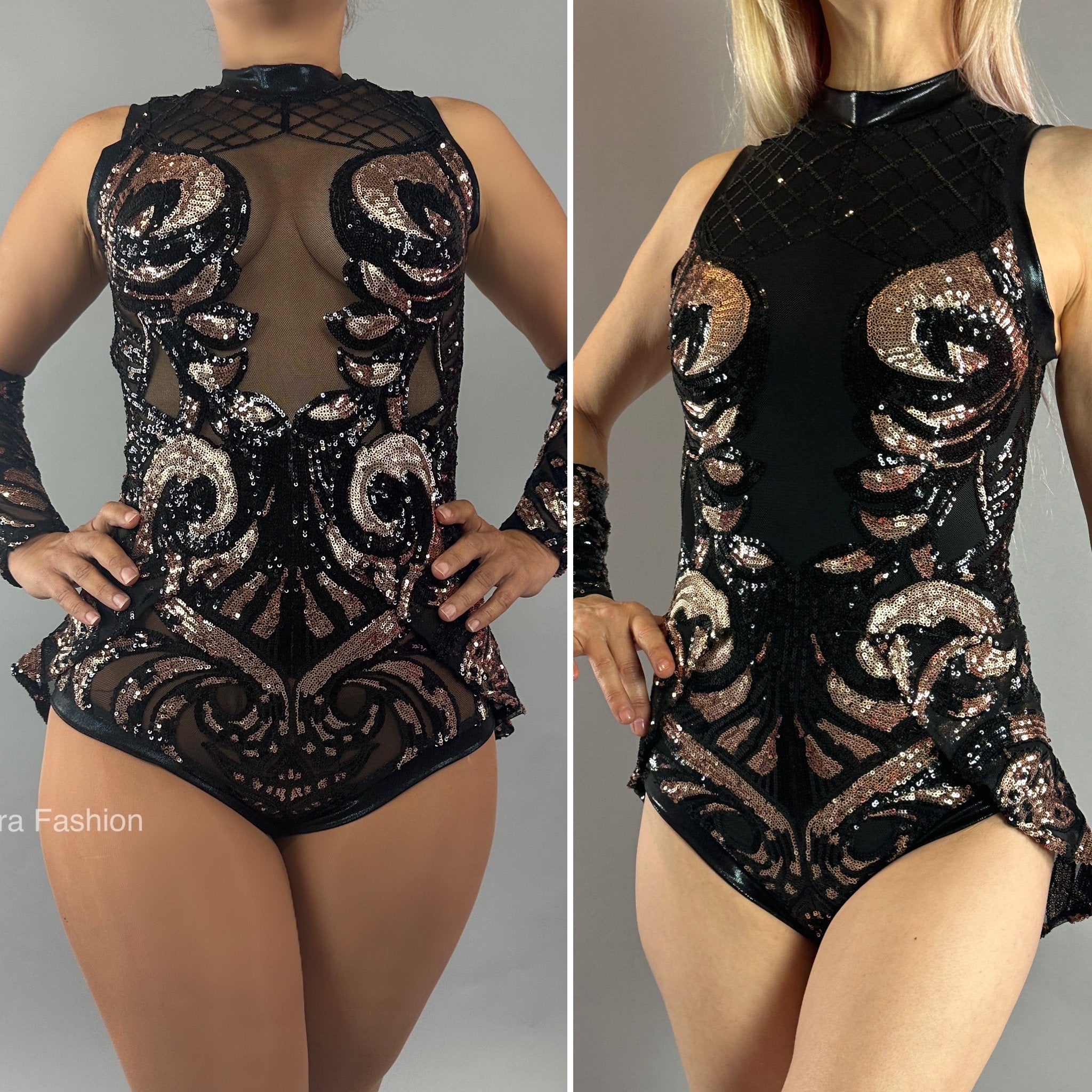 Black and Gold Sequins Mesh Leotard, Sleeveless Leotard With Half Skirt, Hand Accessories