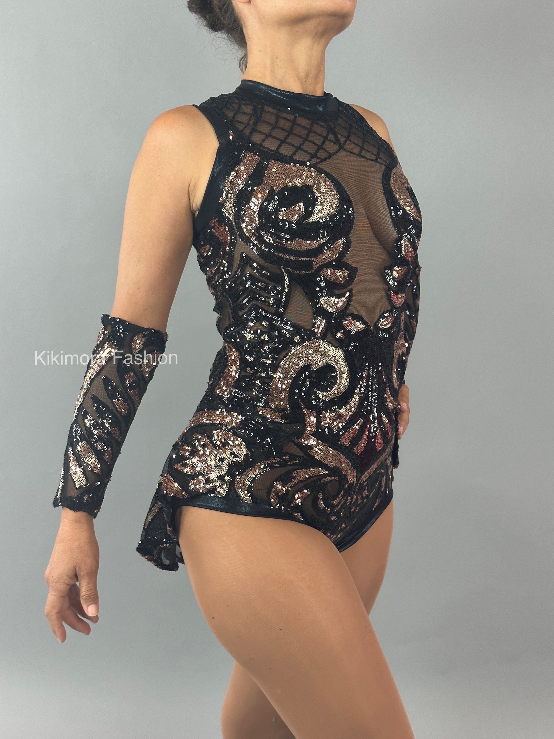 Black and Gold Sequins Mesh Leotard, Sleeveless Leotard With Half Skirt, Hand Accessories