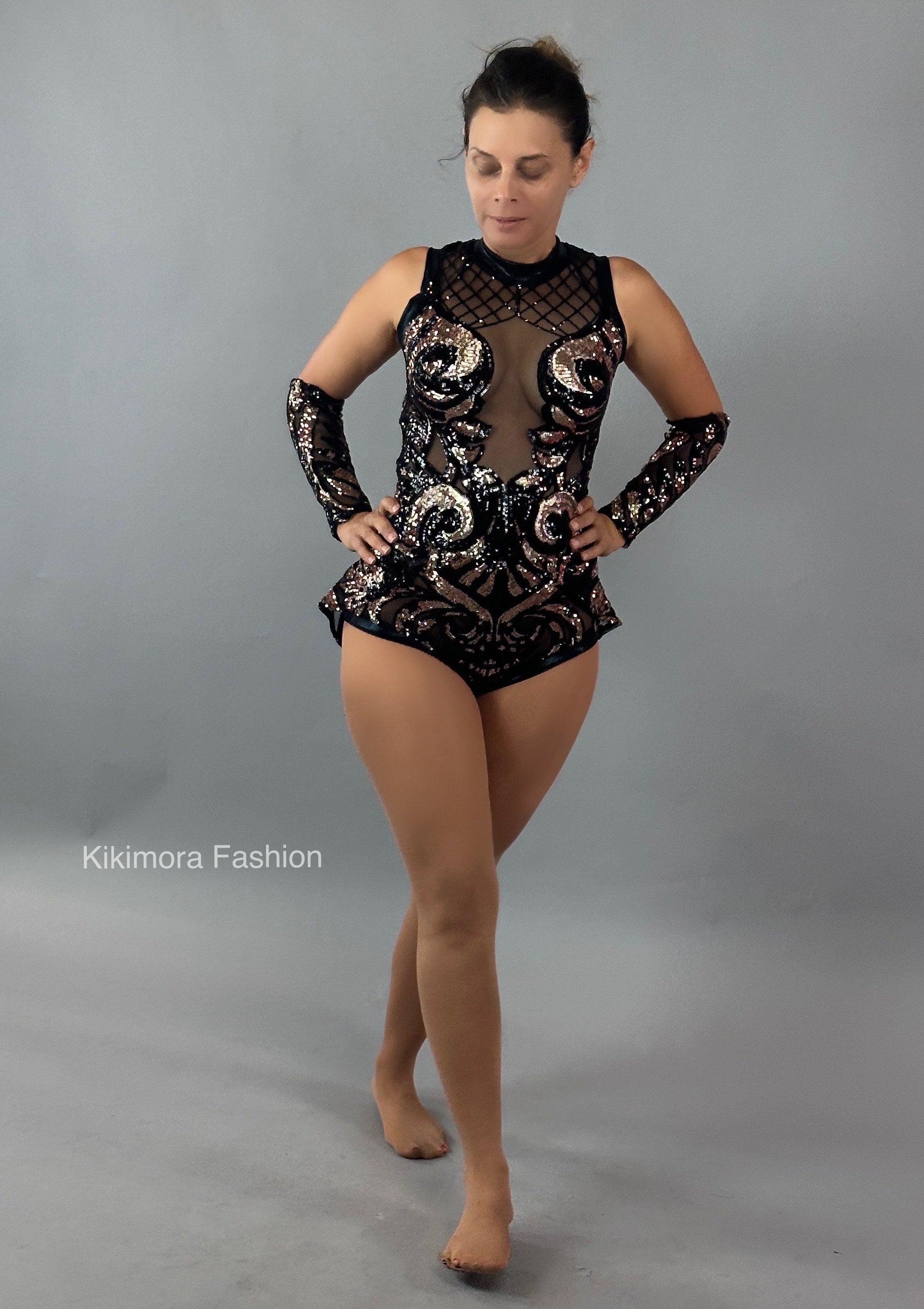 Black and Gold Sequins Mesh Leotard, Sleeveless Leotard With Half Skirt, Hand Accessories