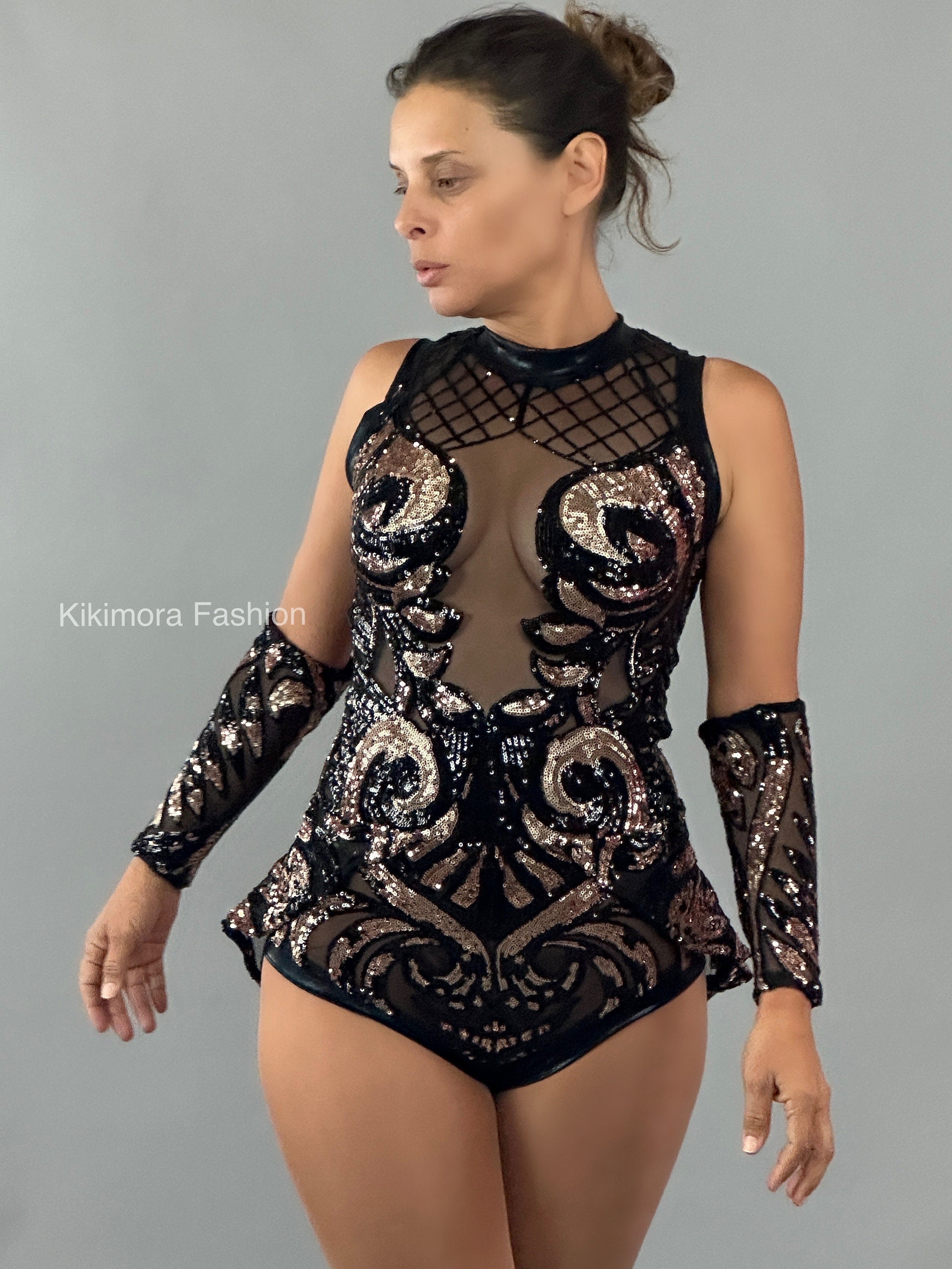 Black and Gold Sequins Mesh Leotard, Sleeveless Leotard With Half Skirt, Hand Accessories