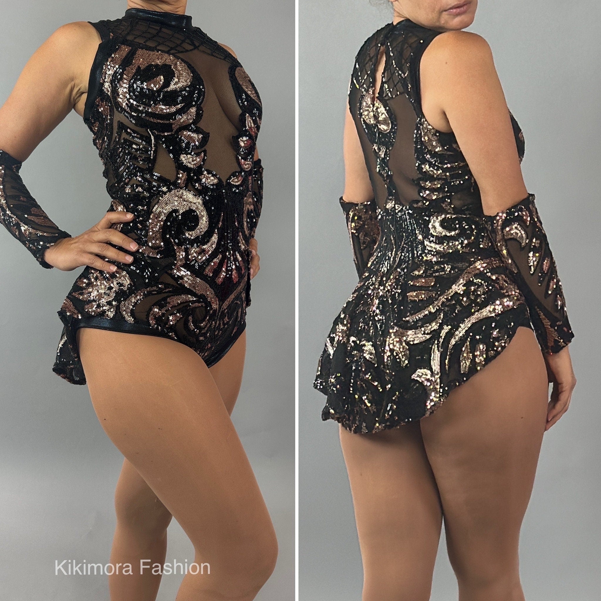 Black and Gold Sequins Mesh Leotard, Sleeveless Leotard With Half Skirt, Hand Accessories