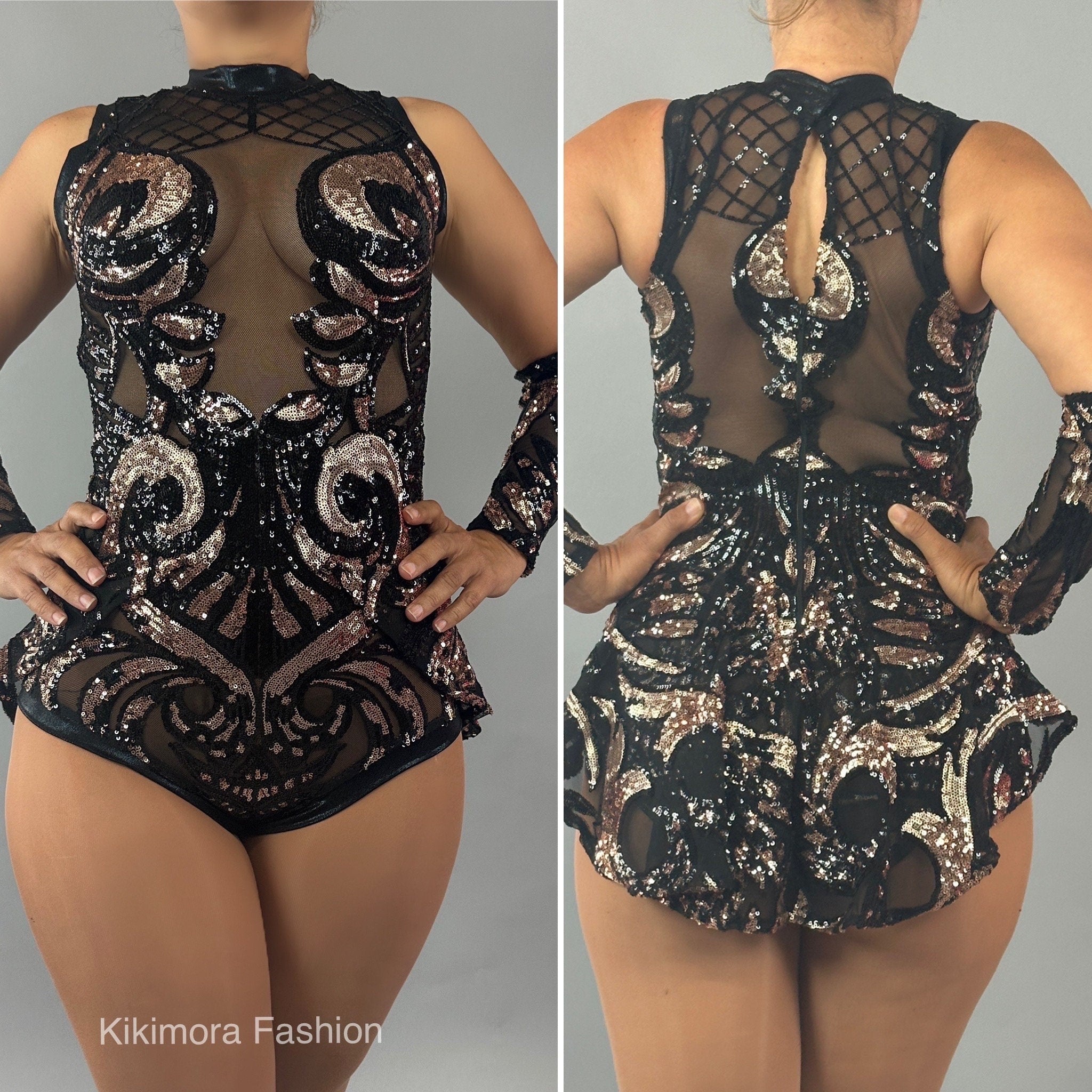 Black and Gold Sequins Mesh Leotard, Sleeveless Leotard With Half Skirt, Hand Accessories