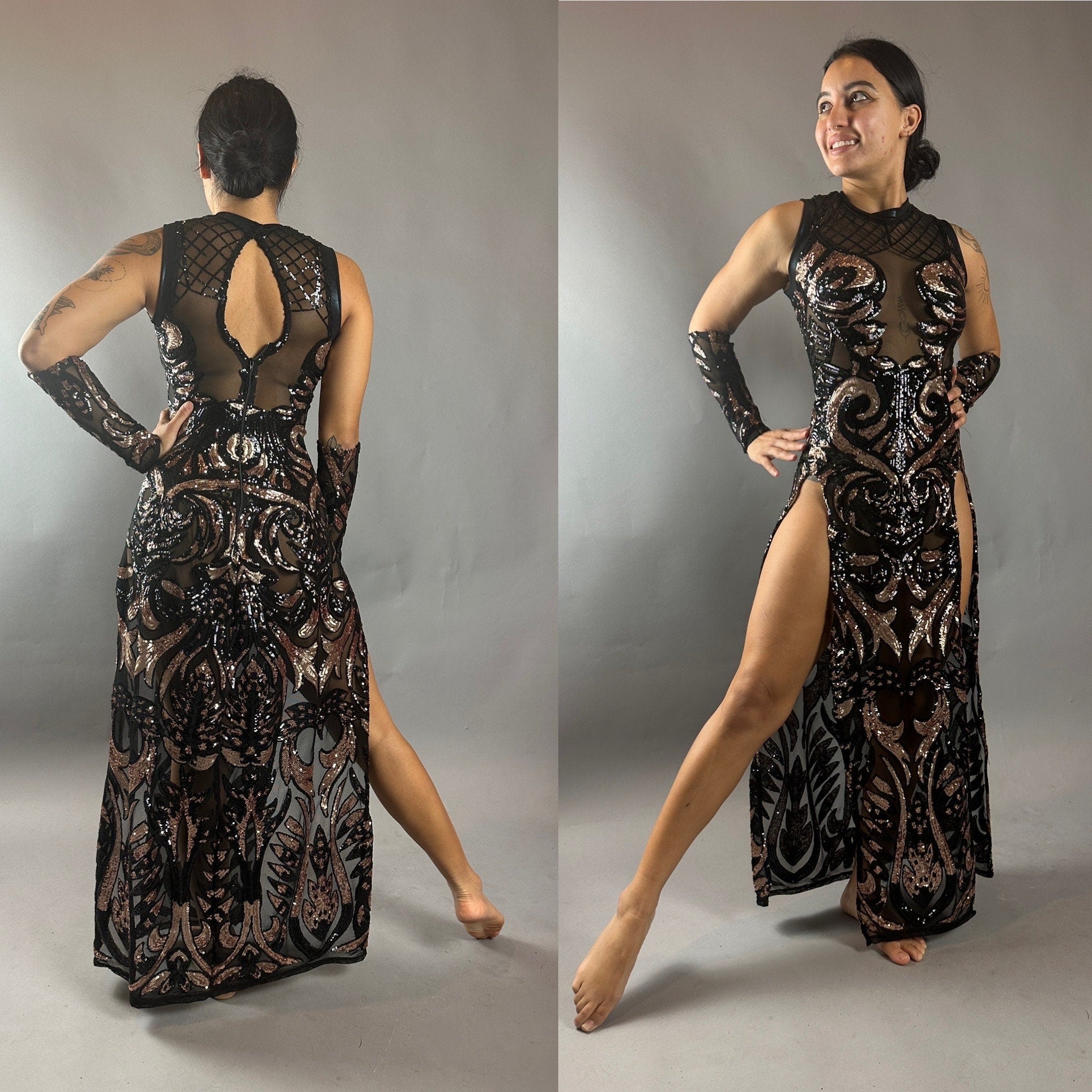 Black Sheer Sequin Dress, Long Slits, Sleeveless, Includes Wristbands