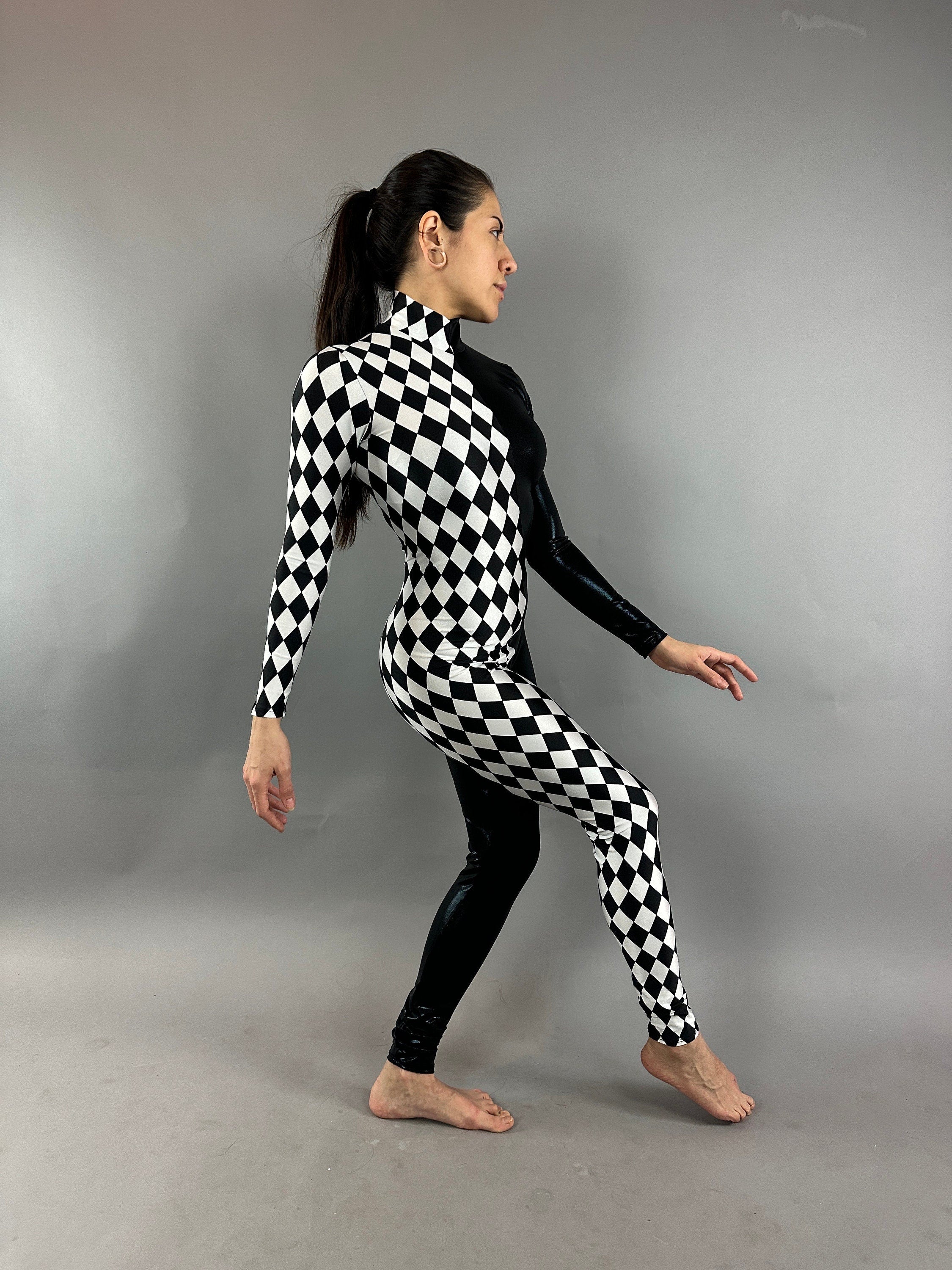 Diamond and Black Catsuit, Holographic Jumpsuit, Full Sleeves, Turtleneck