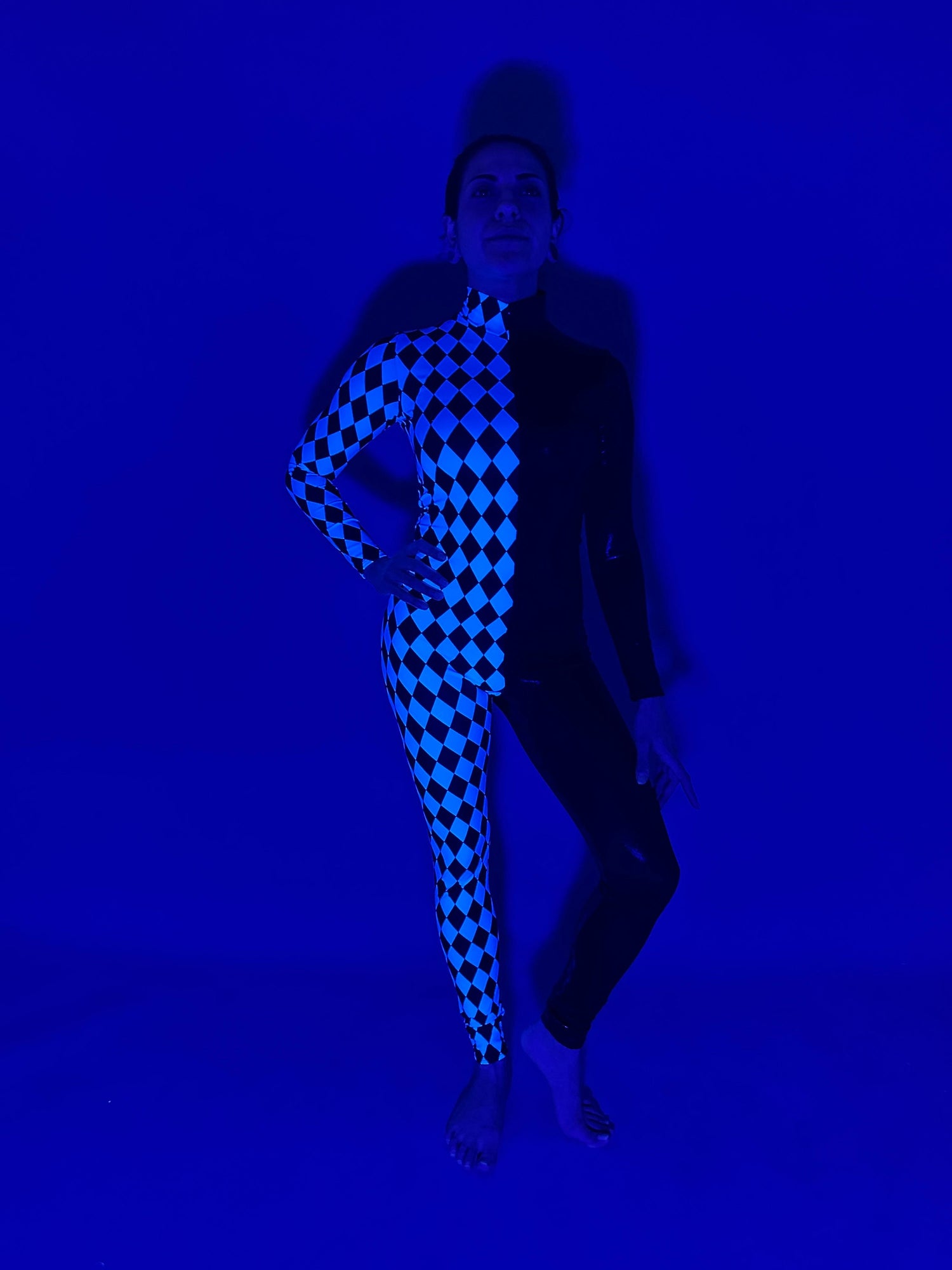 Diamond and Black Catsuit, Holographic Jumpsuit, Full Sleeves, Turtleneck
