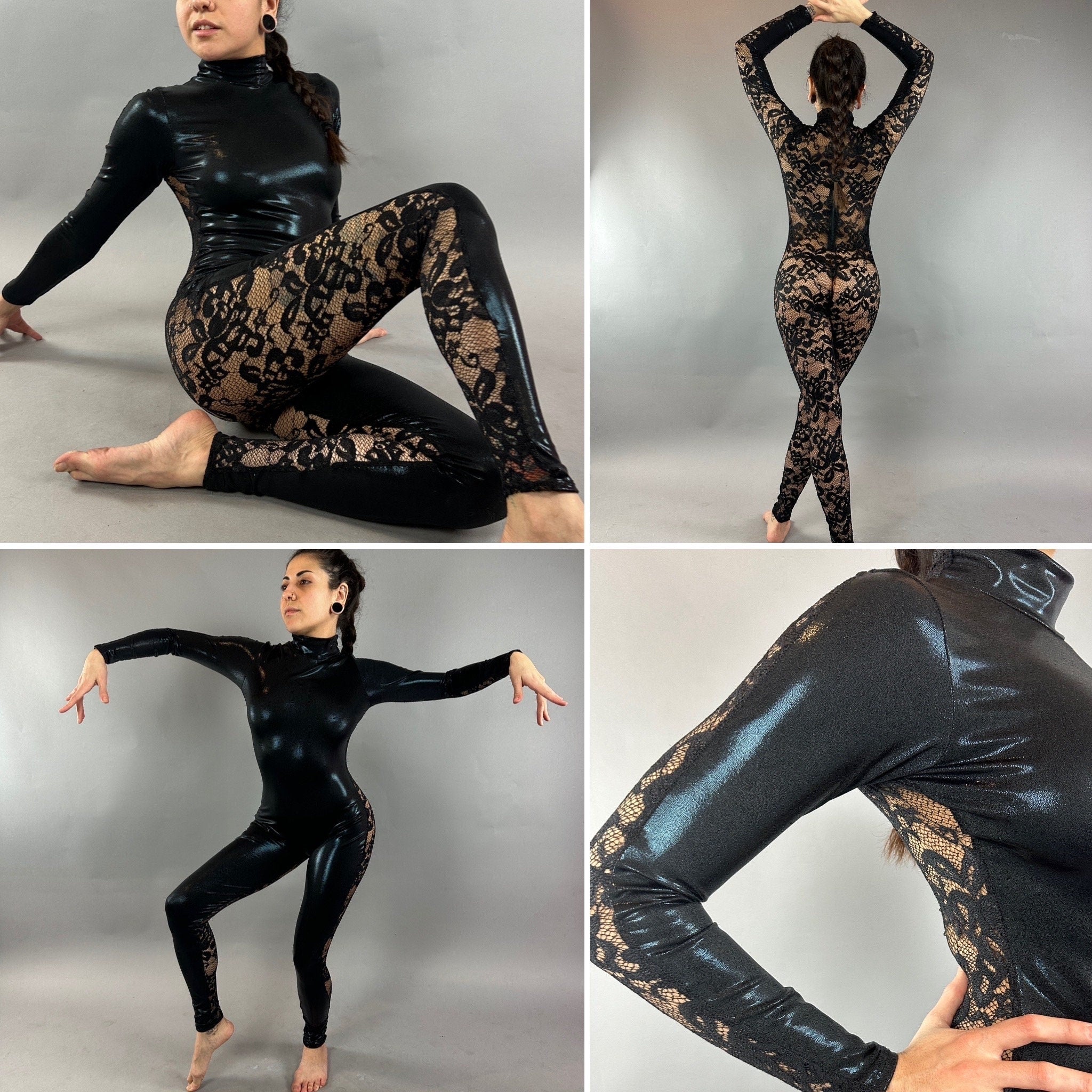 Black Hologram And Lace Jumpsuit, Full Sleeves Catsuit, Turtleneck, Long Back Zipper