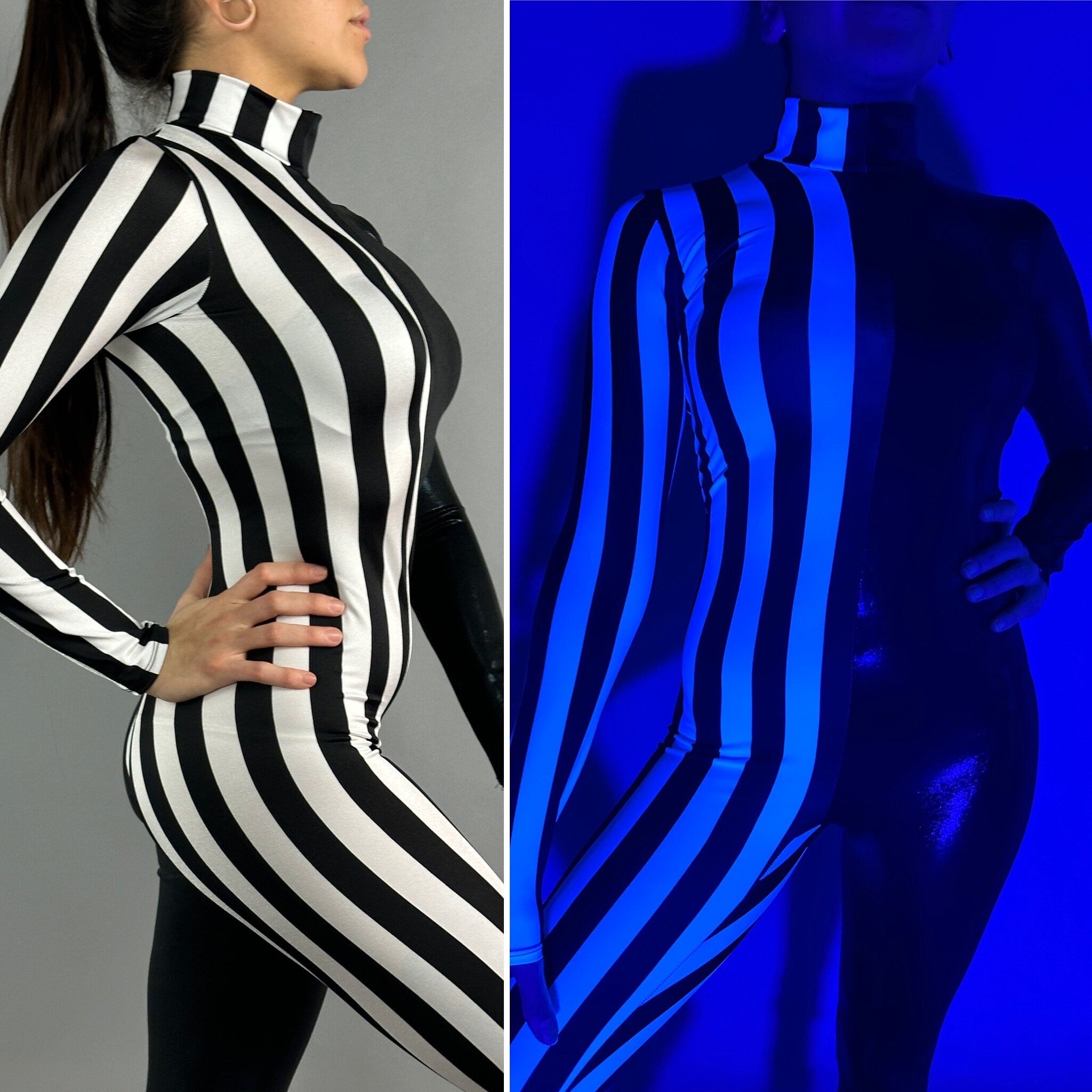 Black and White Split Fabric Catsuit Jumpsuit, Full Sleeves, Turtleneck