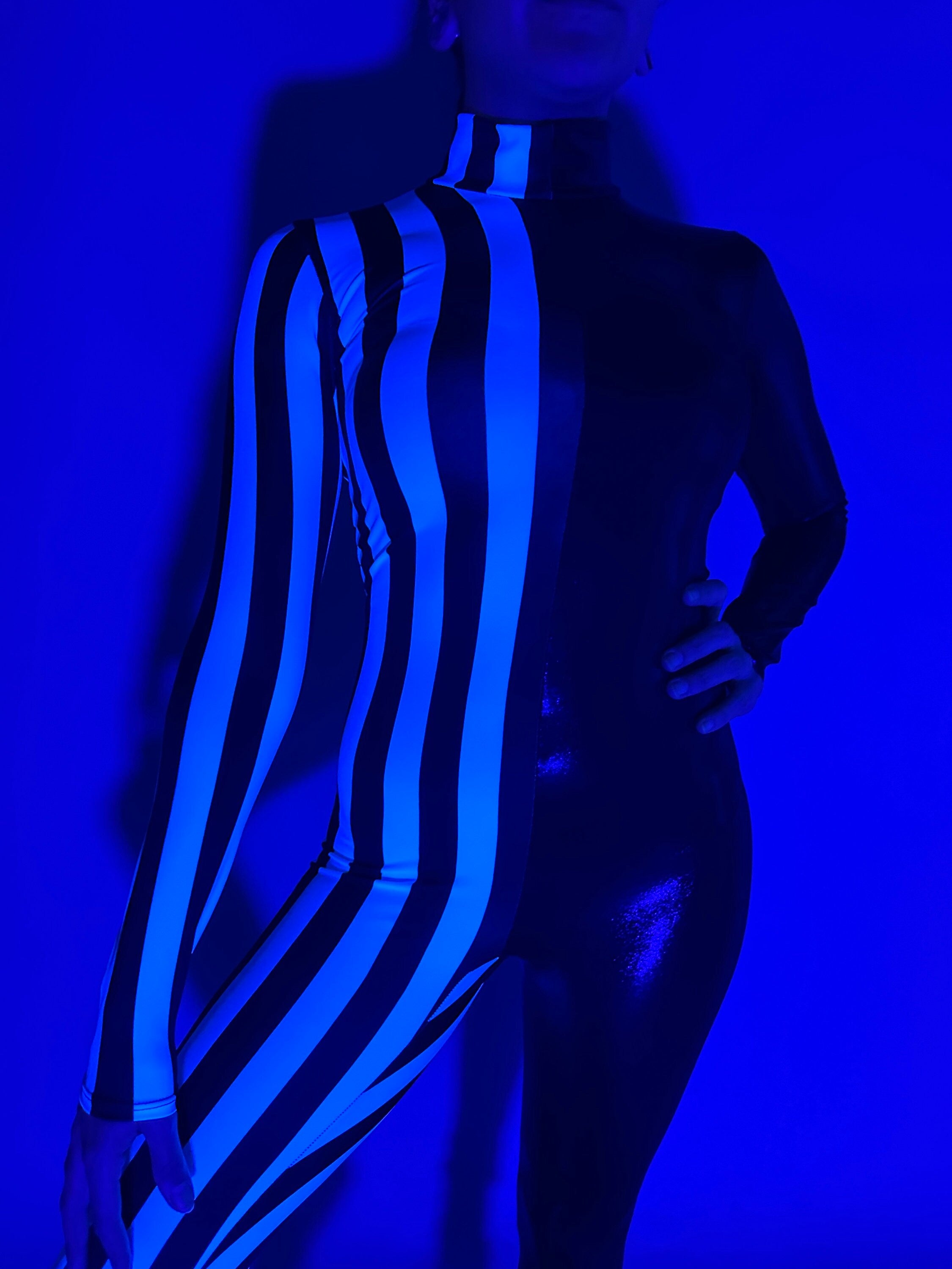 Black and White Split Fabric Catsuit Jumpsuit, Full Sleeves, Turtleneck