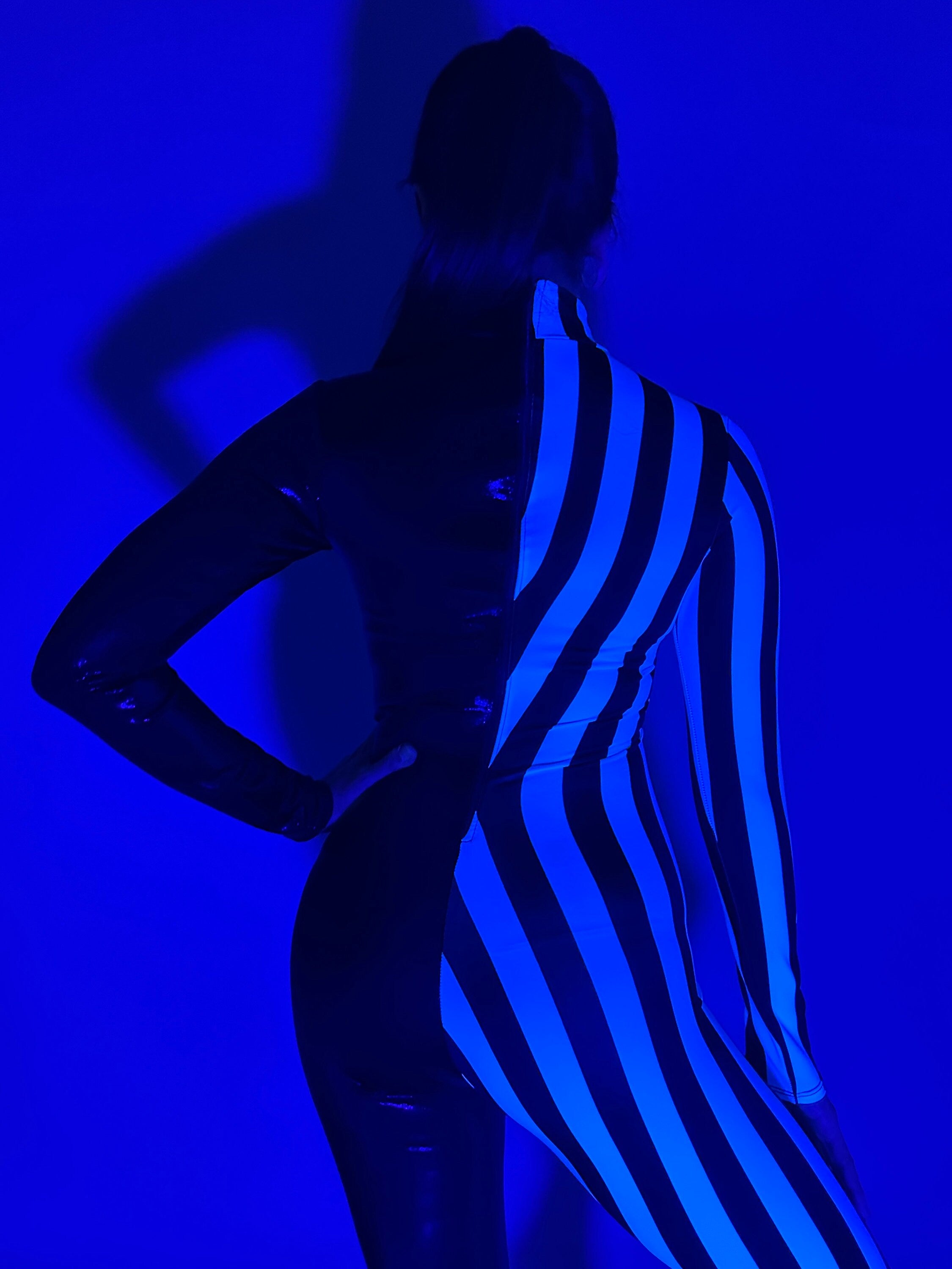 Black and White Split Fabric Catsuit Jumpsuit, Full Sleeves, Turtleneck