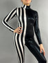 Black and White Split Fabric Catsuit Jumpsuit, Full Sleeves, Turtleneck