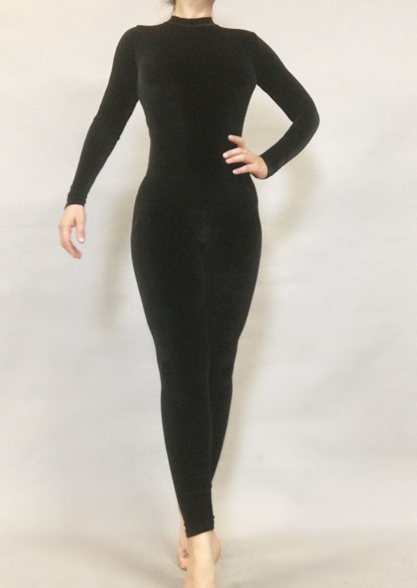 Black Cat Velvet Catsuit, Open Back Full Bodysuit, Full Sleeves Jumpsuit, Scoop Neck