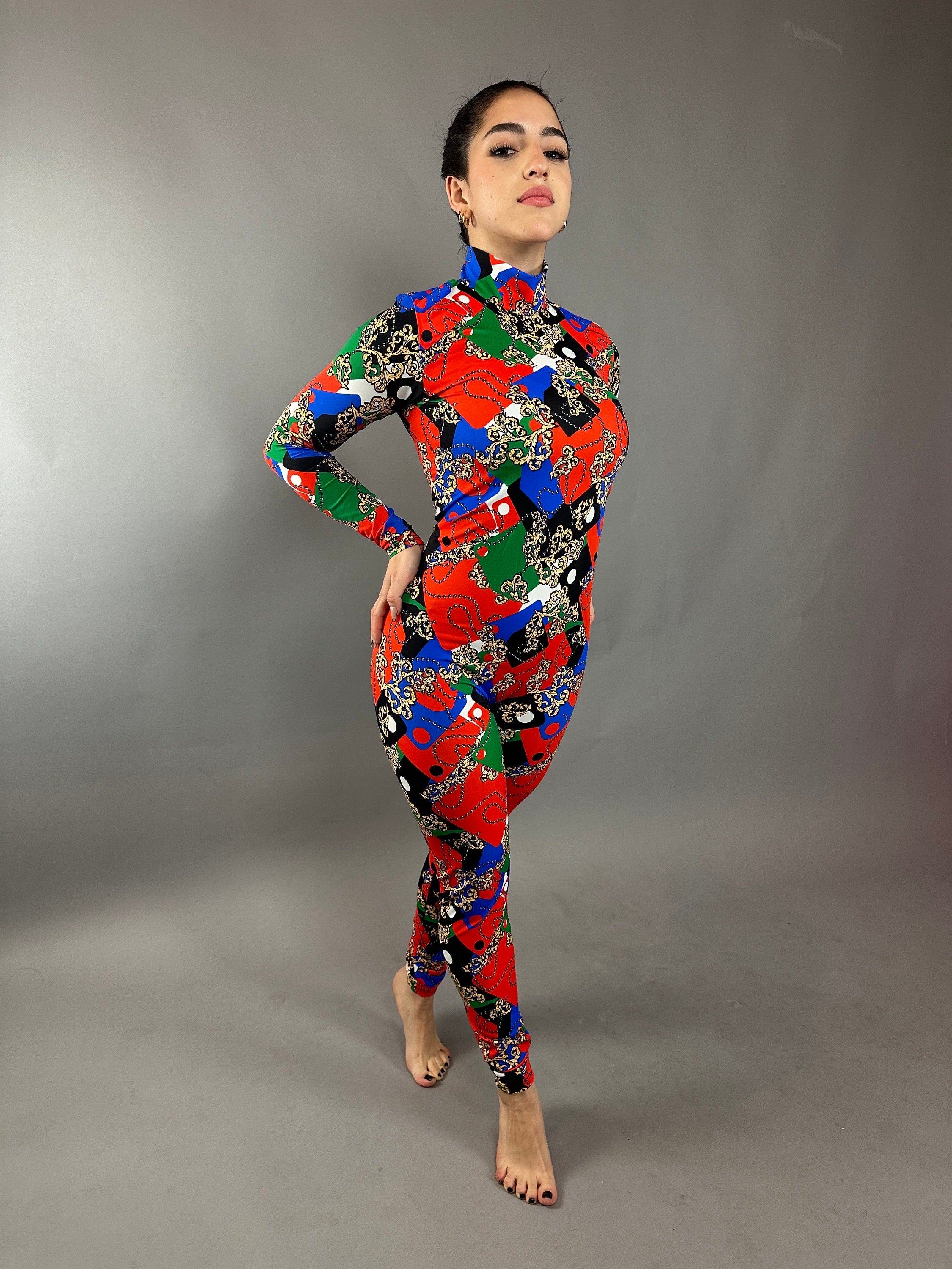 Multicolor Spandex Catsuit, Full Sleeves Jumpsuit, Turtleneck
