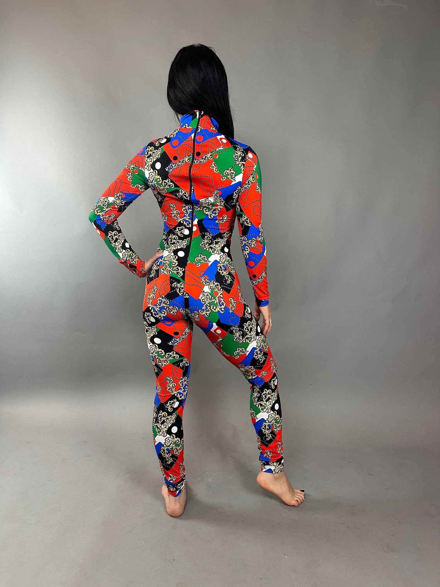 Multicolor Lycra Catsuit, Full Sleeves Jumpsuit, Turtleneck