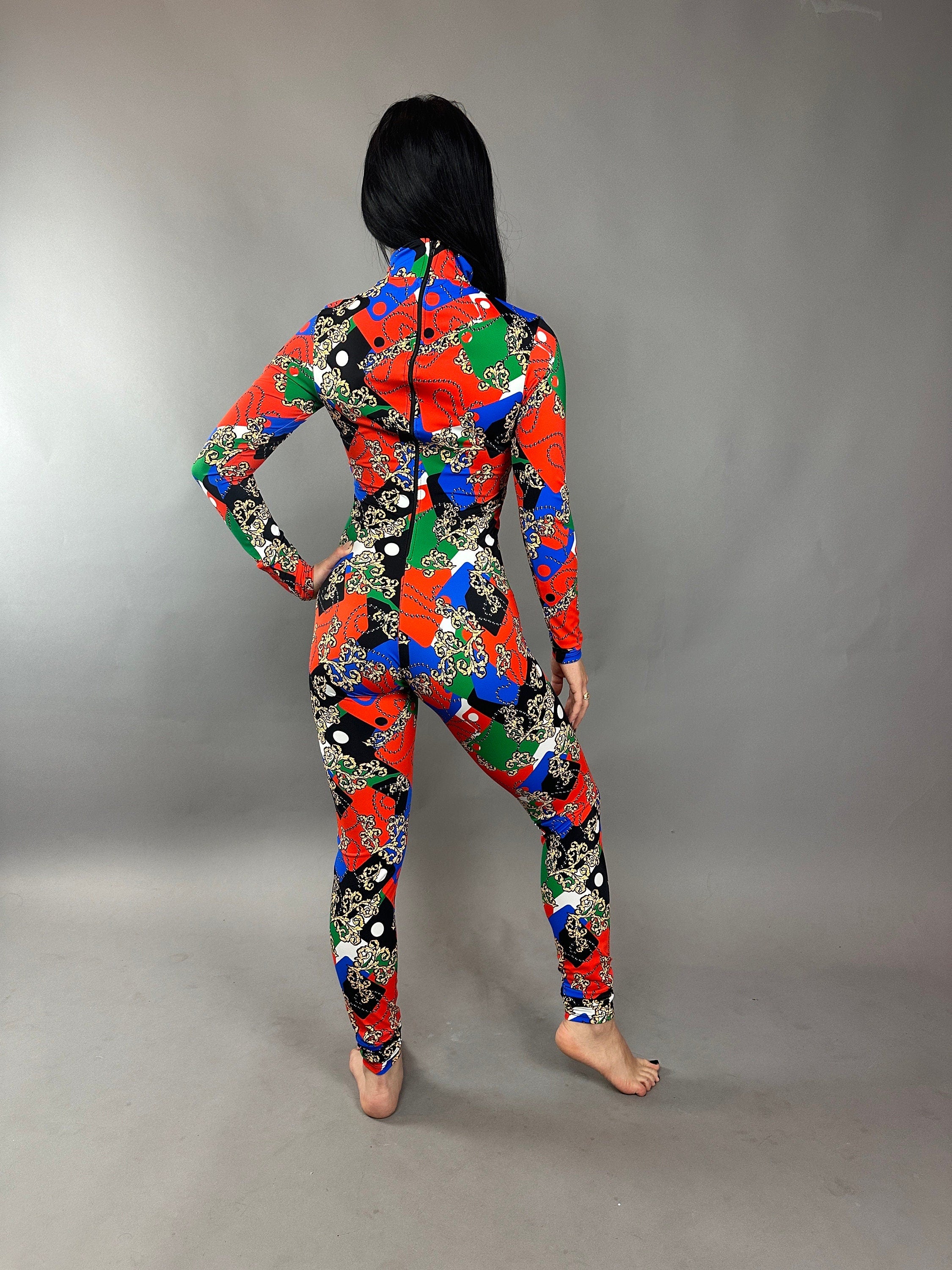Multicolor Spandex Catsuit, Full Sleeves Jumpsuit, Turtleneck