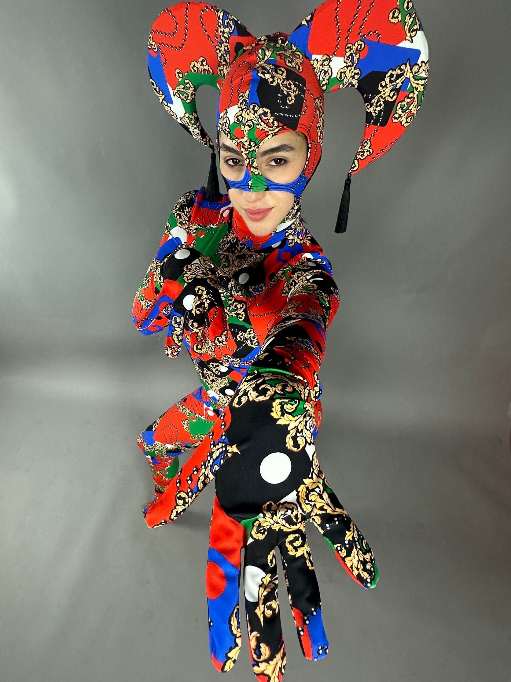 Joker costume, jester bodysuit, Exotic dance wear, Festival fashion, party outfit, Circus print, trending now. Mardi Gras festival