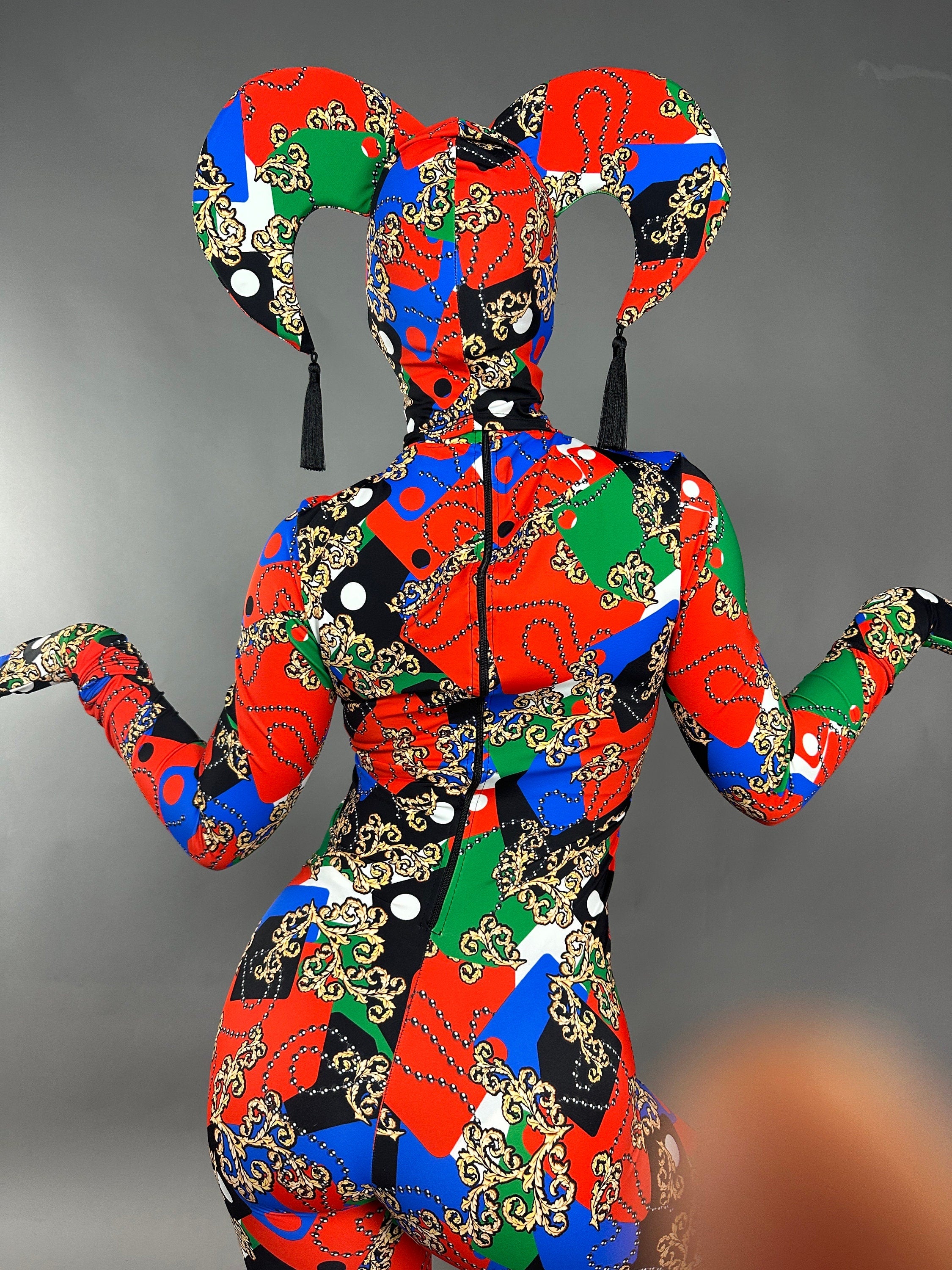 Joker costume, jester bodysuit, Exotic dance wear, Festival fashion, party outfit, Circus print, trending now. Mardi Gras festival