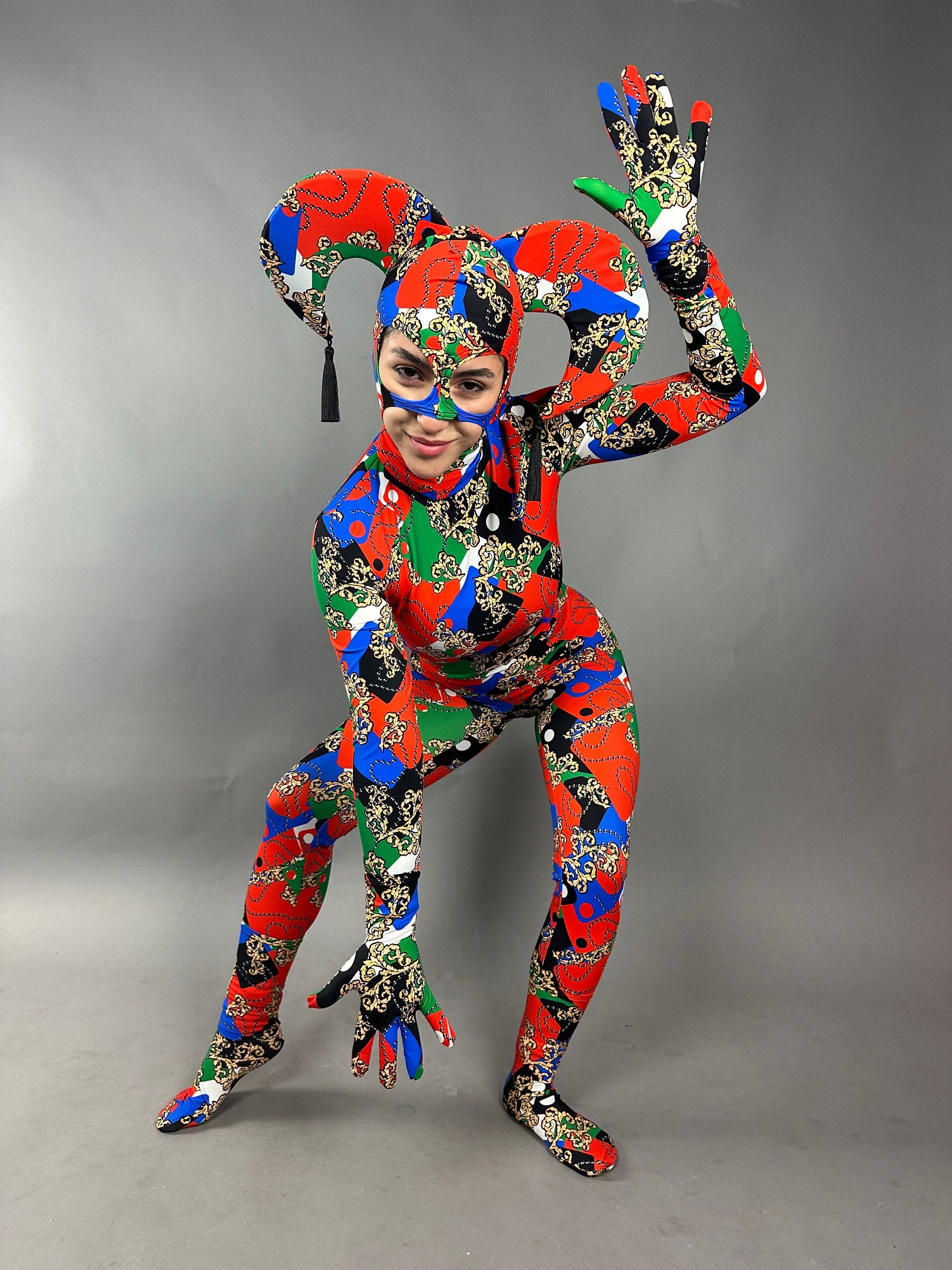 Joker costume, jester bodysuit, Exotic dance wear, Festival fashion, party outfit, Circus print, trending now. Mardi Gras festival