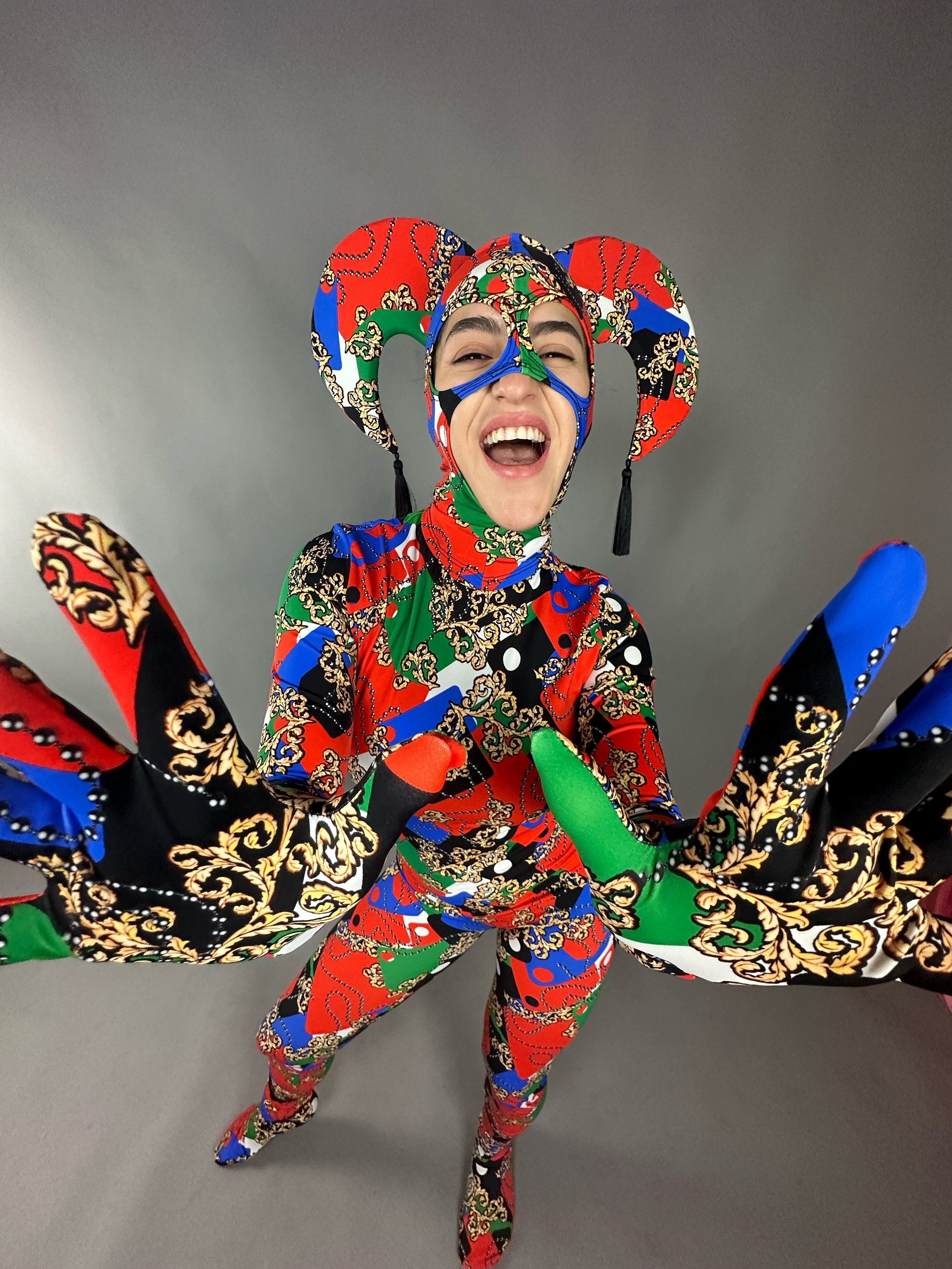 Joker costume, jester bodysuit, Exotic dance wear, Festival fashion, party outfit, Circus print, trending now. Mardi Gras festival